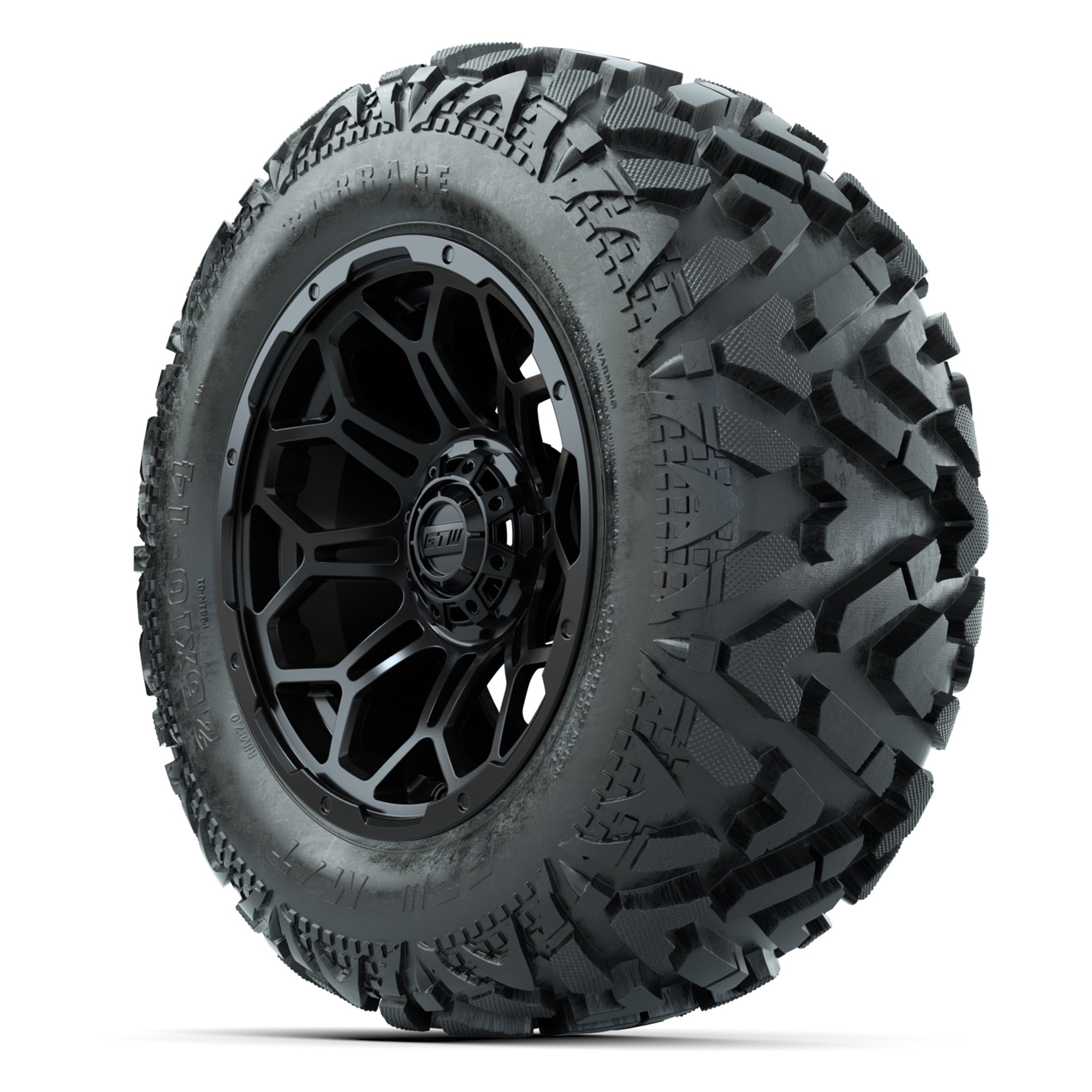 GTW Bravo Matte Black 14 in Wheels with 25x10-14 Barrage Mud - 3/4 view