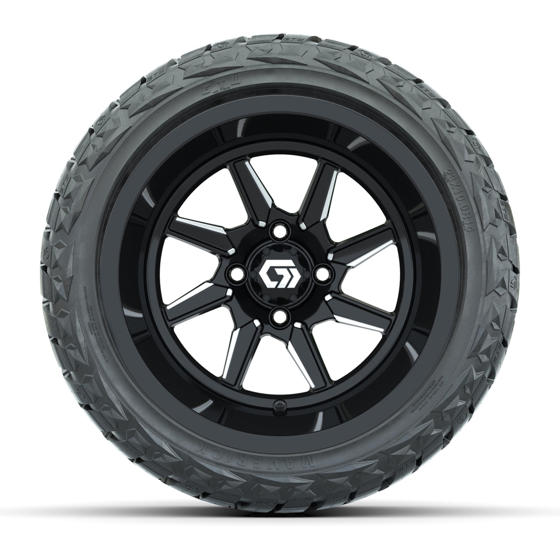GTW Reaper Black/Machined 14 in Wheels with 23X10-R14 Maverick Steel Belted Radial All-Terrain Tires – Full Set