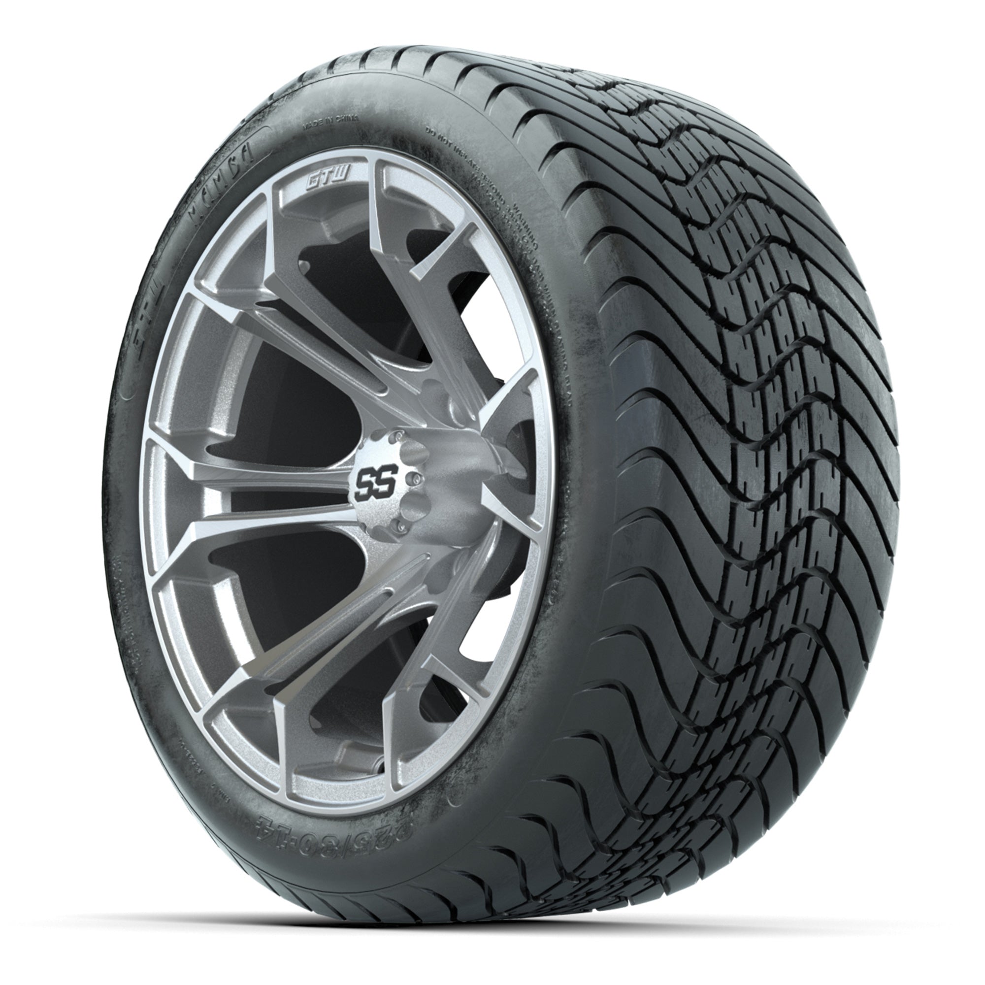 GTW Spyder Silver Brush 14 in Wheels with 225/30-14 Mamba St - 3/4 view