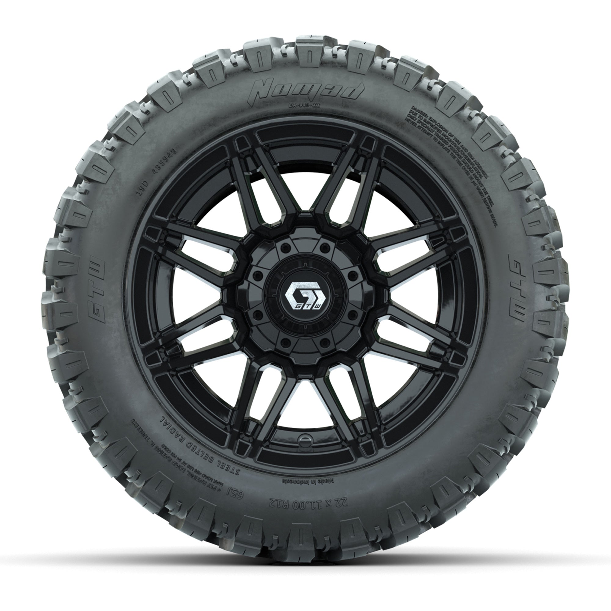 GTW® Stealth Black/Machined 12 in Wheels with 22X11-R12 Nomad Steel Belt Radial All-Terrain Tires – Full Set