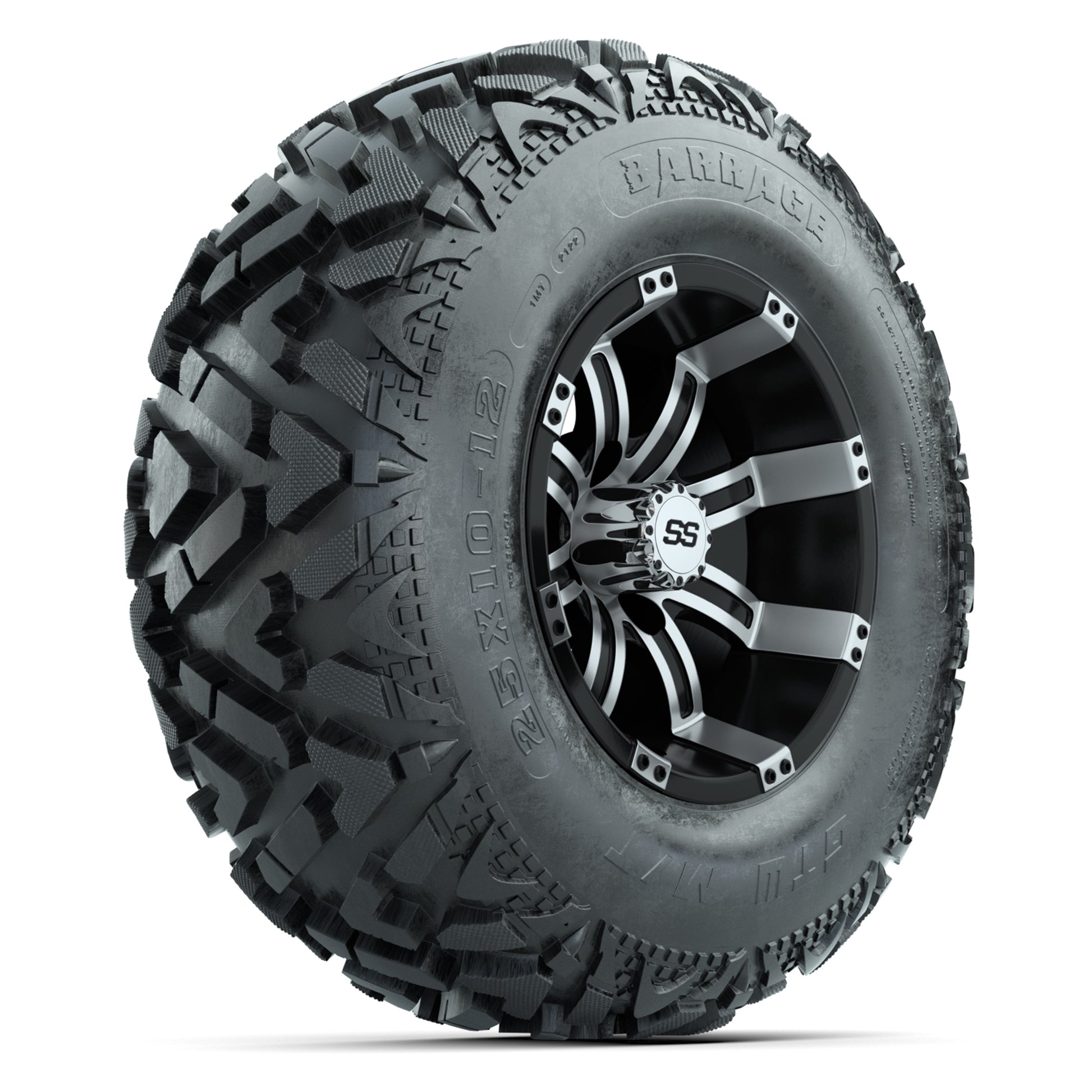 GTW® Tempest Black/Machined 12 in Wheels with 25X10-12 Barrage Mud Tires – Full Set