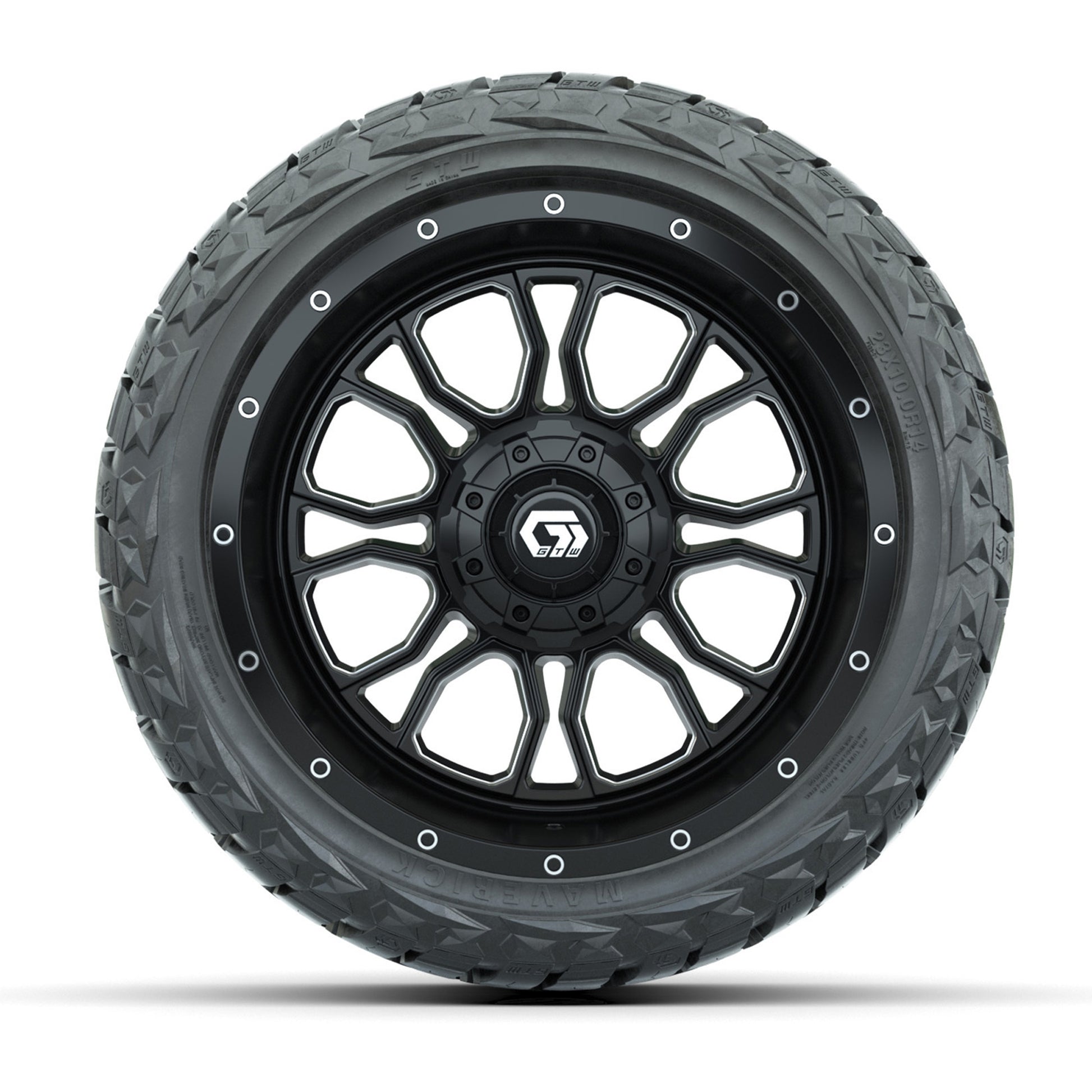GTW Volt Black/Machined 14 in Wheels with 23x10.00-R14 Maver - front view