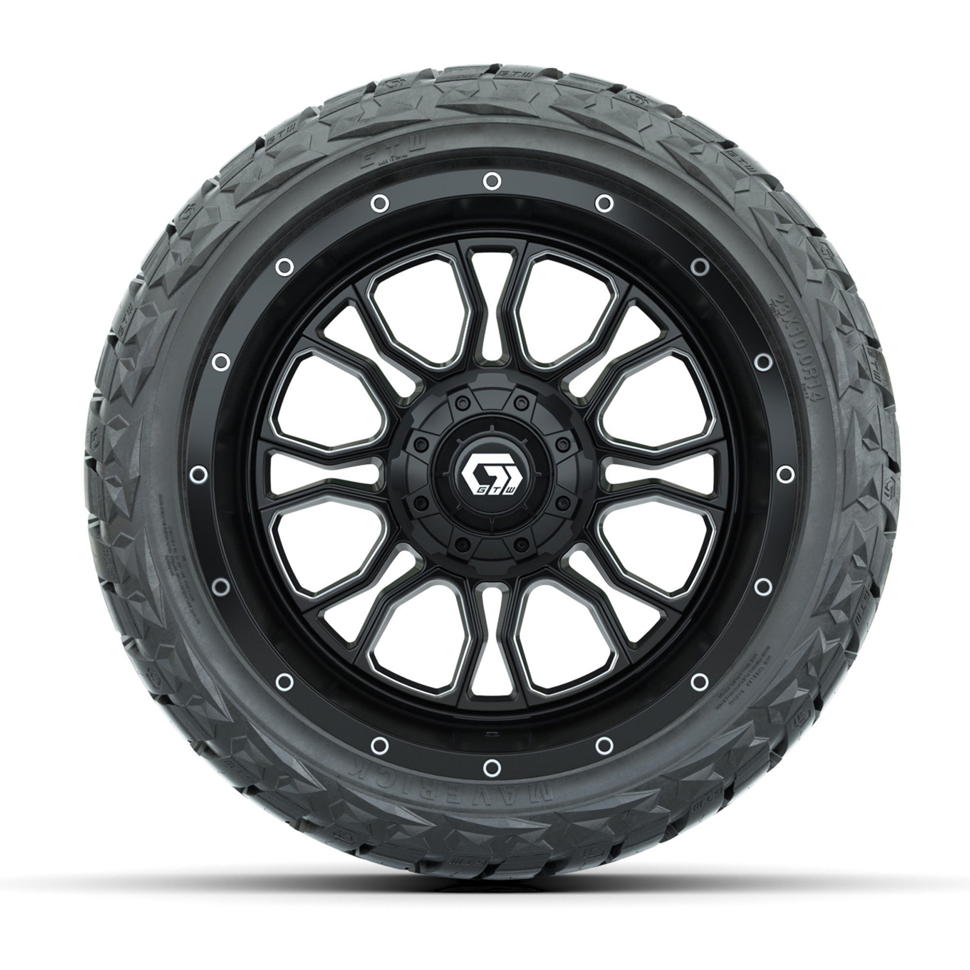GTW Volt Black/Machined 14 in Wheels with 23x10.00-R14 Maver - 3/4 view