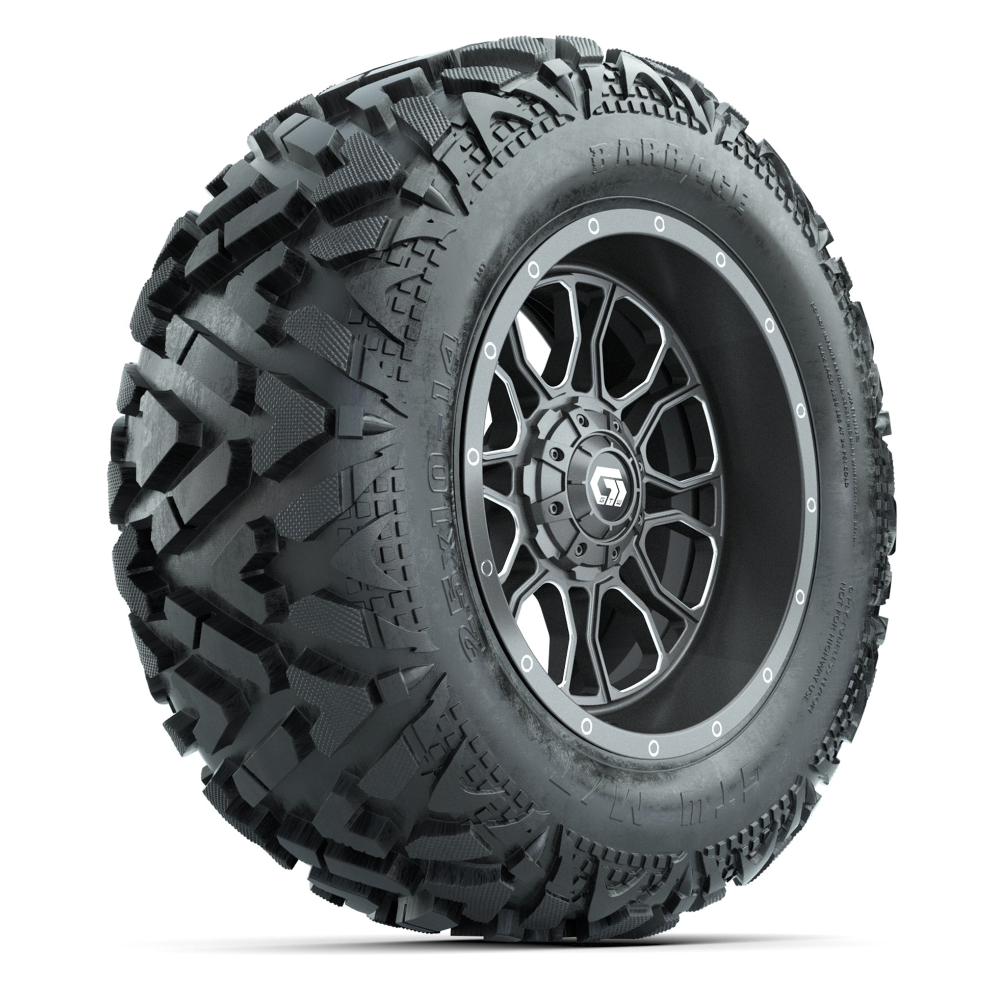 GTW Volt Gunmetal 14 in Wheels with 25x10-14 Barrage Mud Tires – Full Set