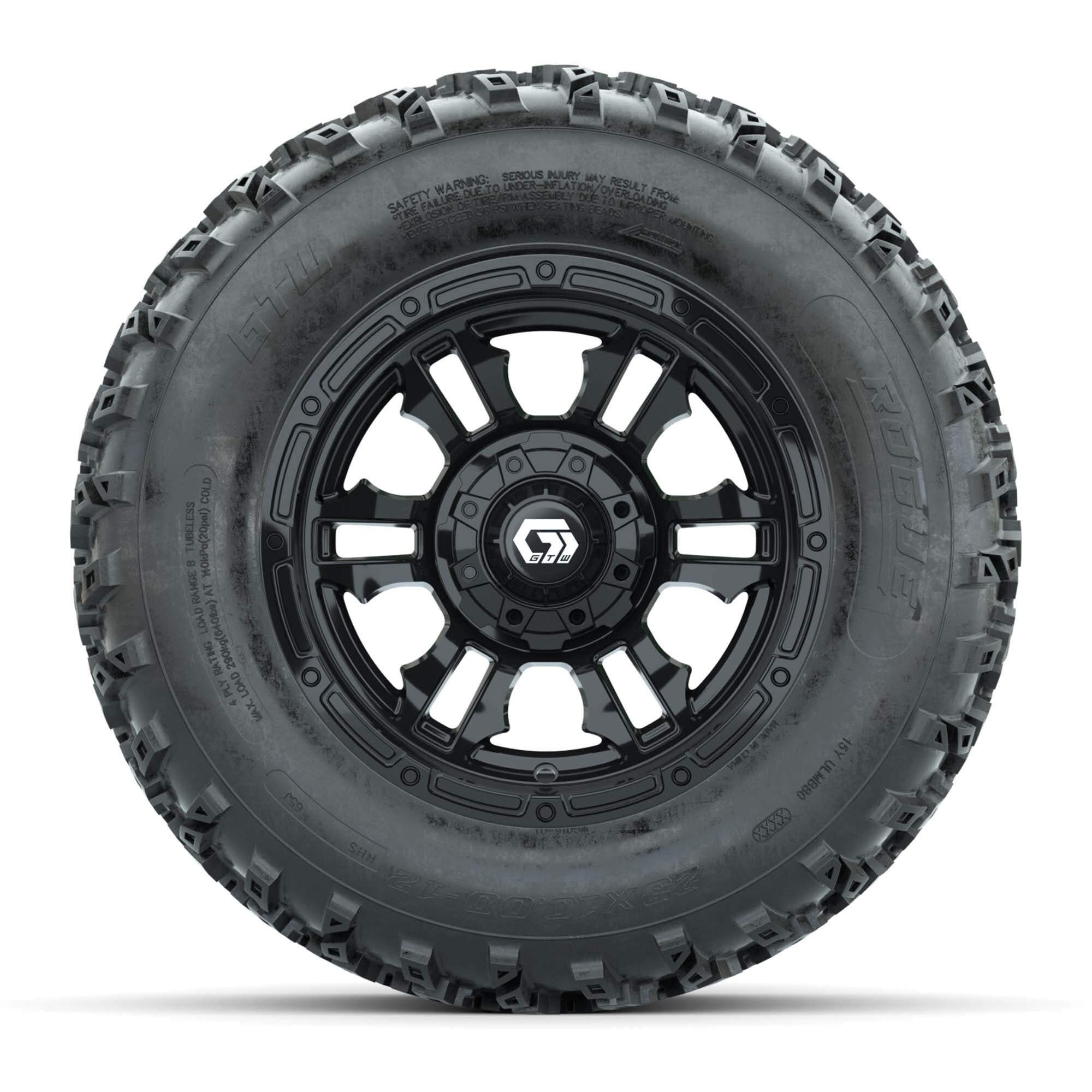 GTW® Shogun Gloss Black 12 in Wheels with 23X10.00-12 Rogue All-Terrain Tires – Full Set