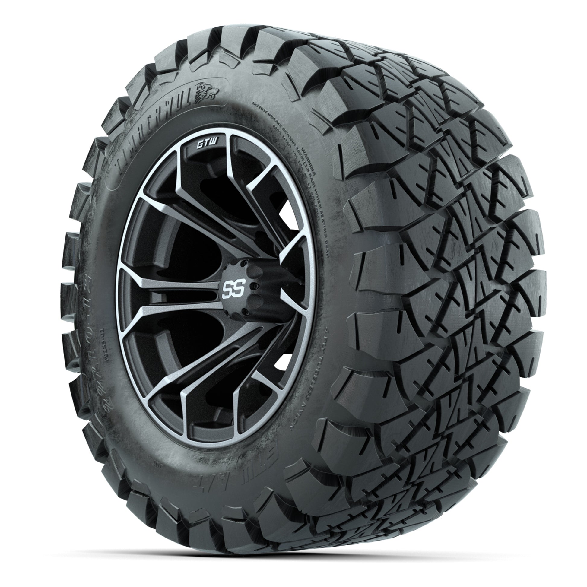 GTW® Spyder Matte Gray/Machined 12 in Wheels with 22X10-12 Timberwolf All-Terrain Tires – Full Set