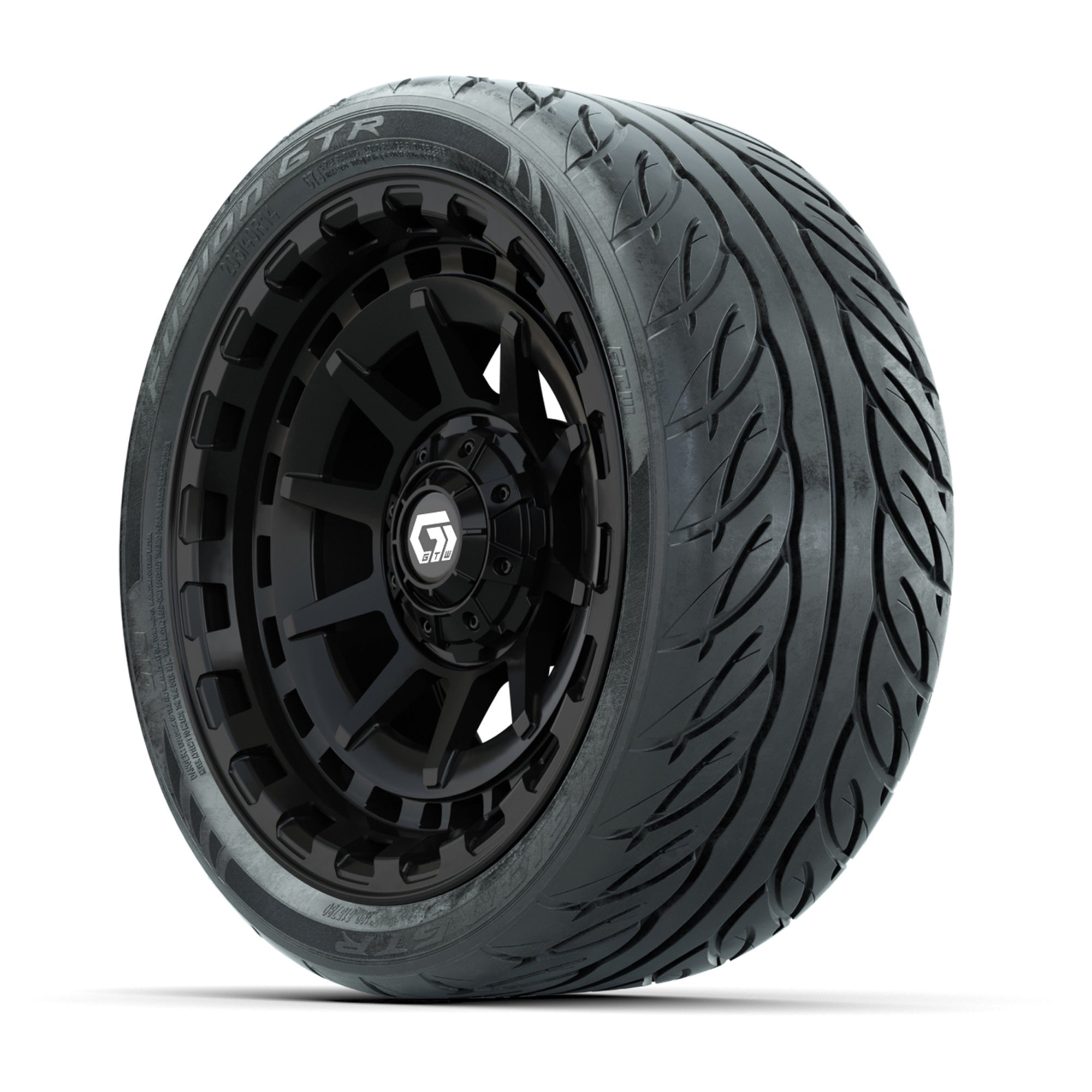 GTW® Barricade Gloss Black 14 in Wheels with 205/40-R14 Fusi - 3/4 view