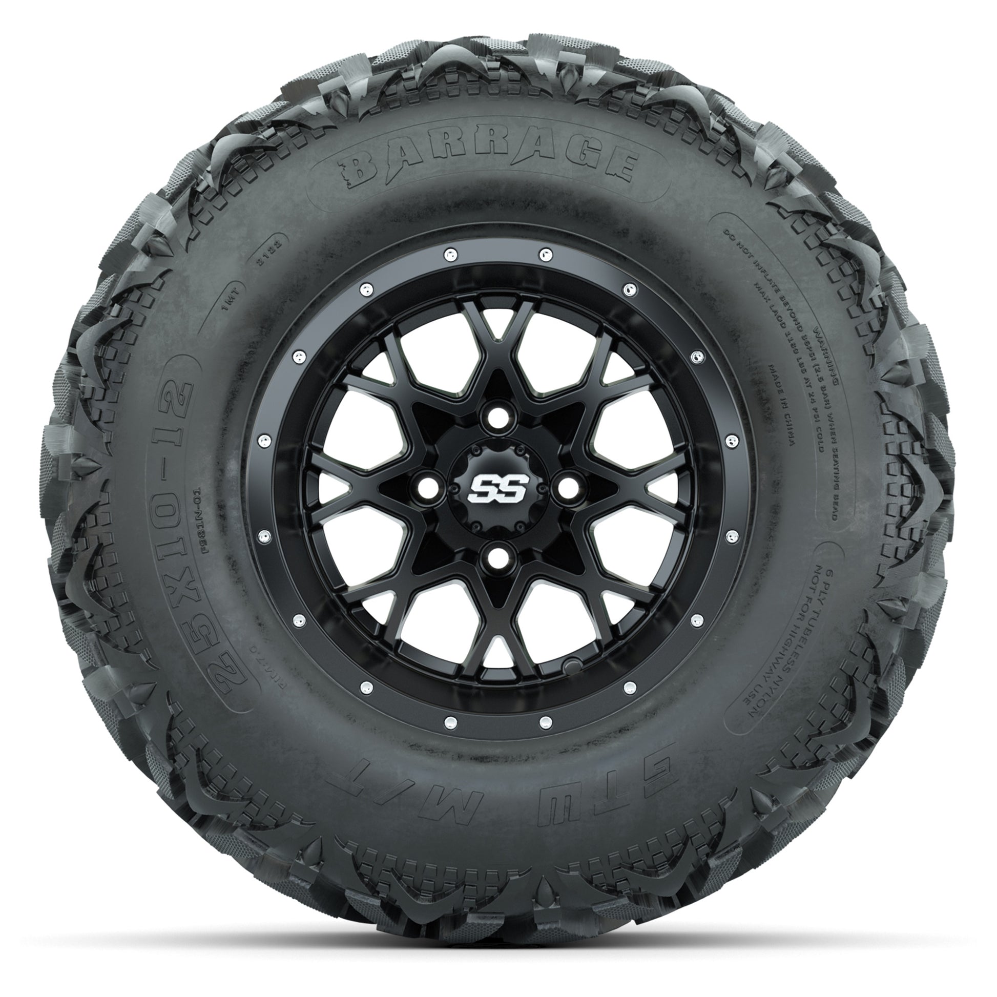 GTW® Vortex 2 Matte Black/Machined 12 in Wheels with 25X10-12 Barrage Mud Tires – Full Set