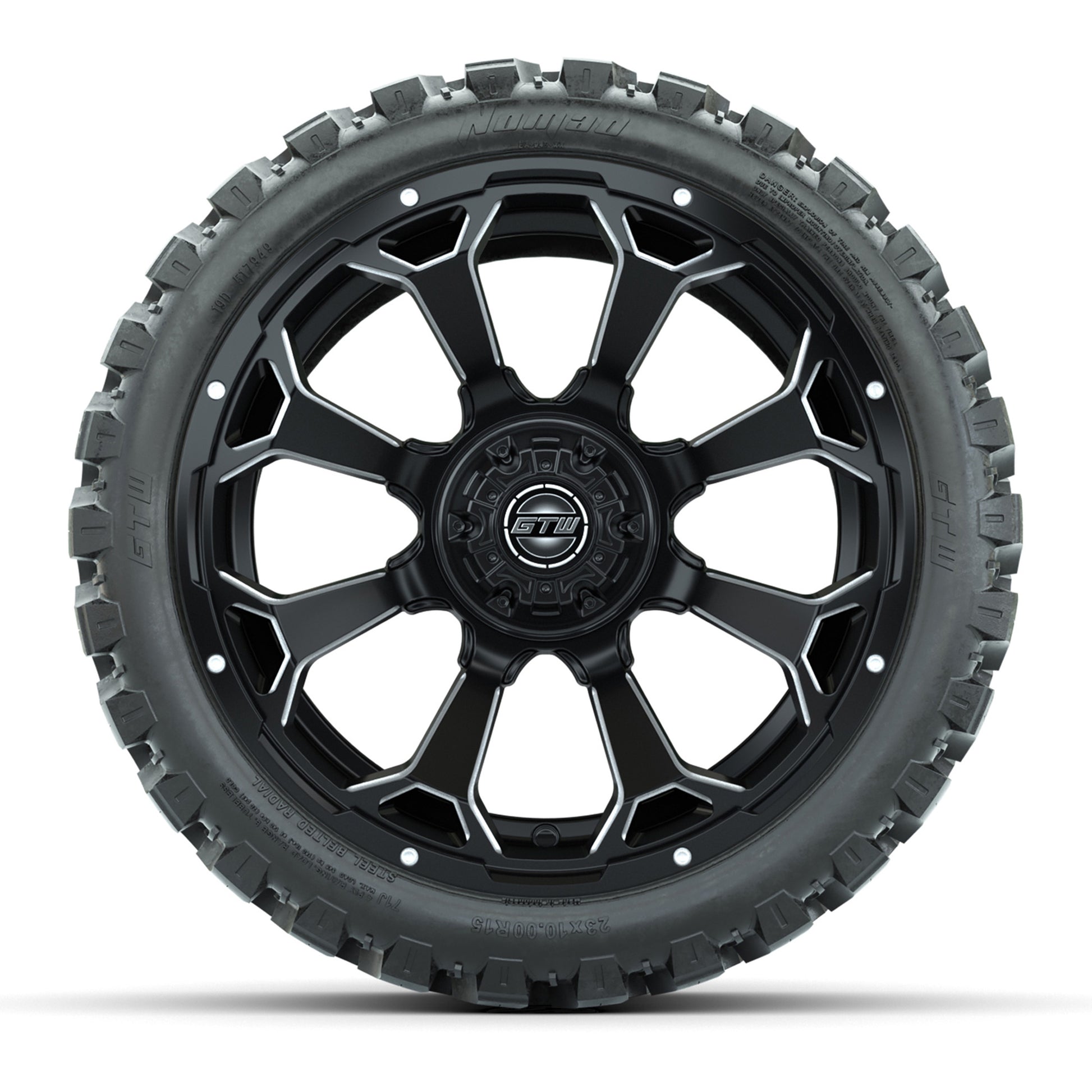 Set of (4) 15″ GTW Raven Matte Black Wheels with 23x10-R15 Nomad All-Terrain Tires