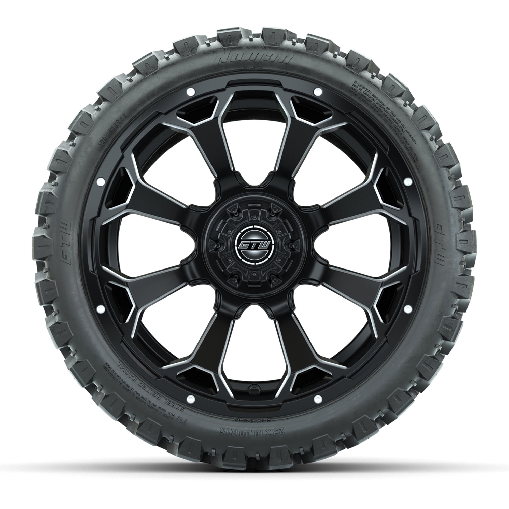 Set of (4) 15″ GTW Raven Matte Black Wheels with 23x10-R15 Nomad All-Terrain Tires