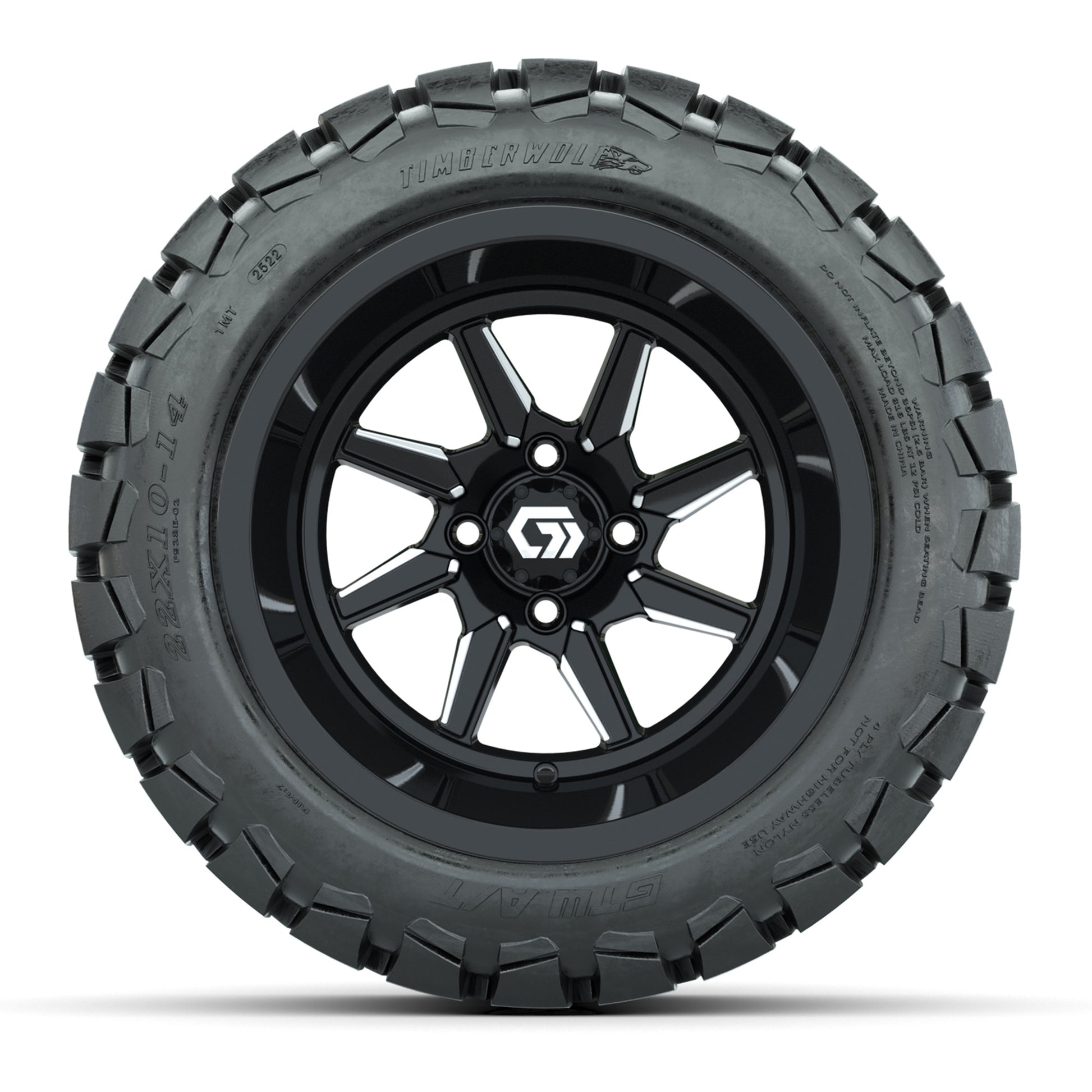GTW Reaper Black/Machined 14 in Wheels with 22X10-14 Timberwolf All-Terrain Tires – Full Set
