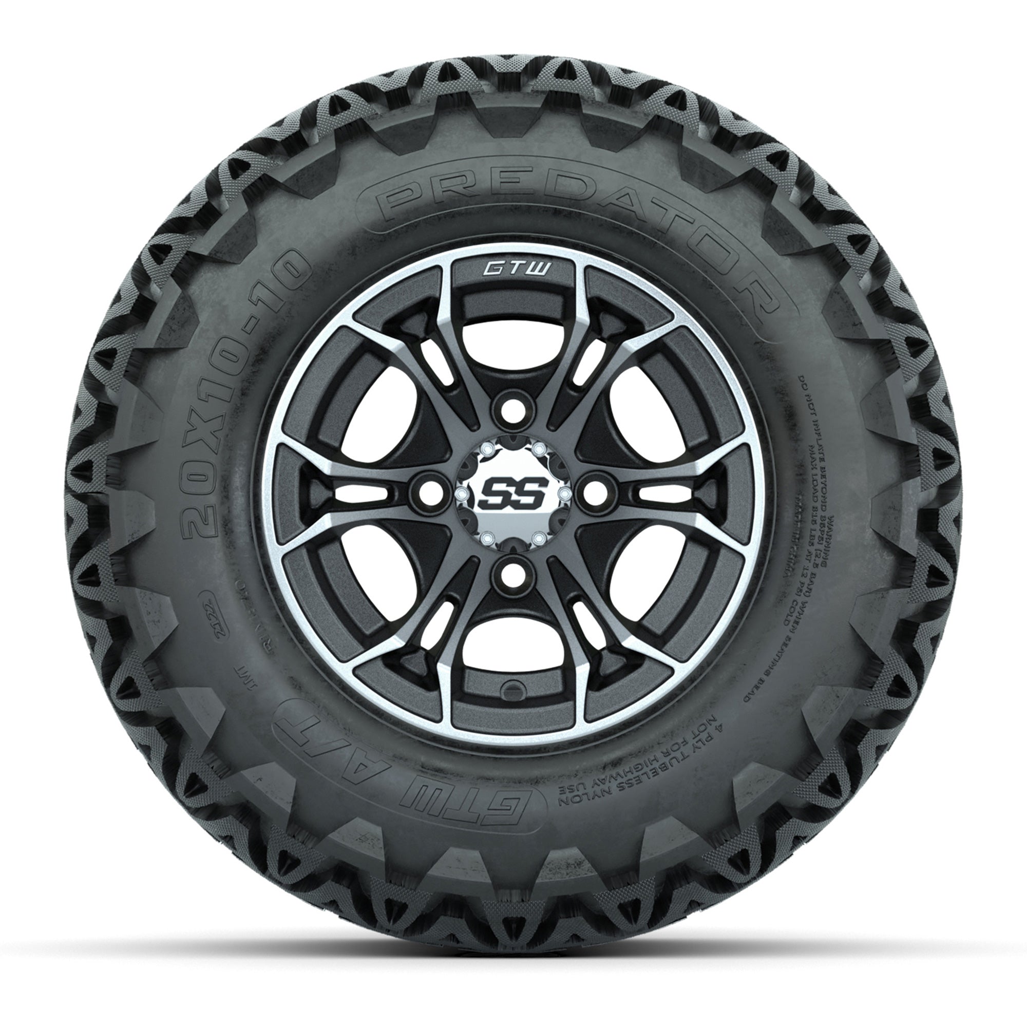 GTW Spyder Machined/Matte Grey 10 in Wheels with 20x10-10 Predator All Terrain Tires – Full Set