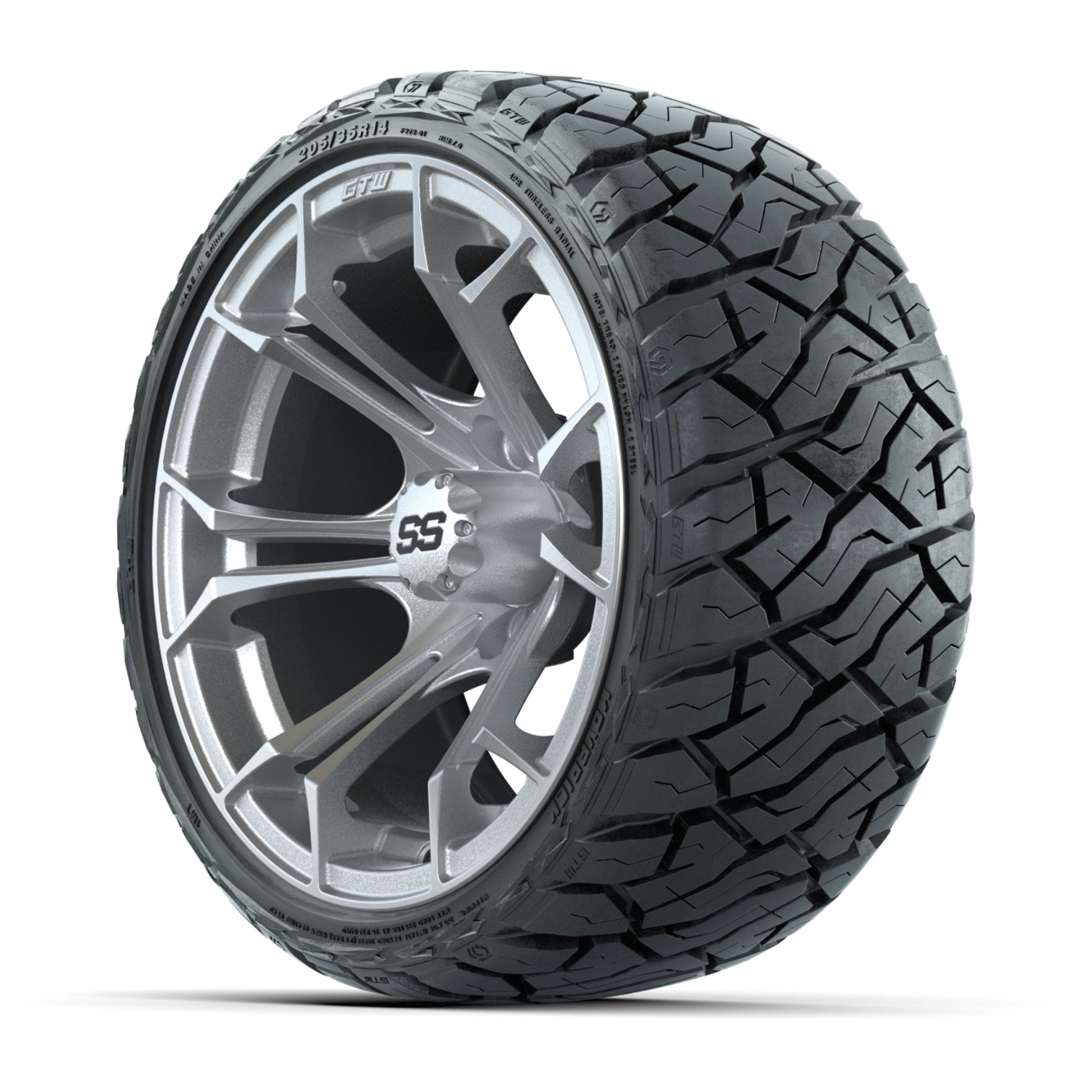 GTW® Spyder Silver Brush 14 in Wheels with 205/35-R14 Maveri - 3/4 view