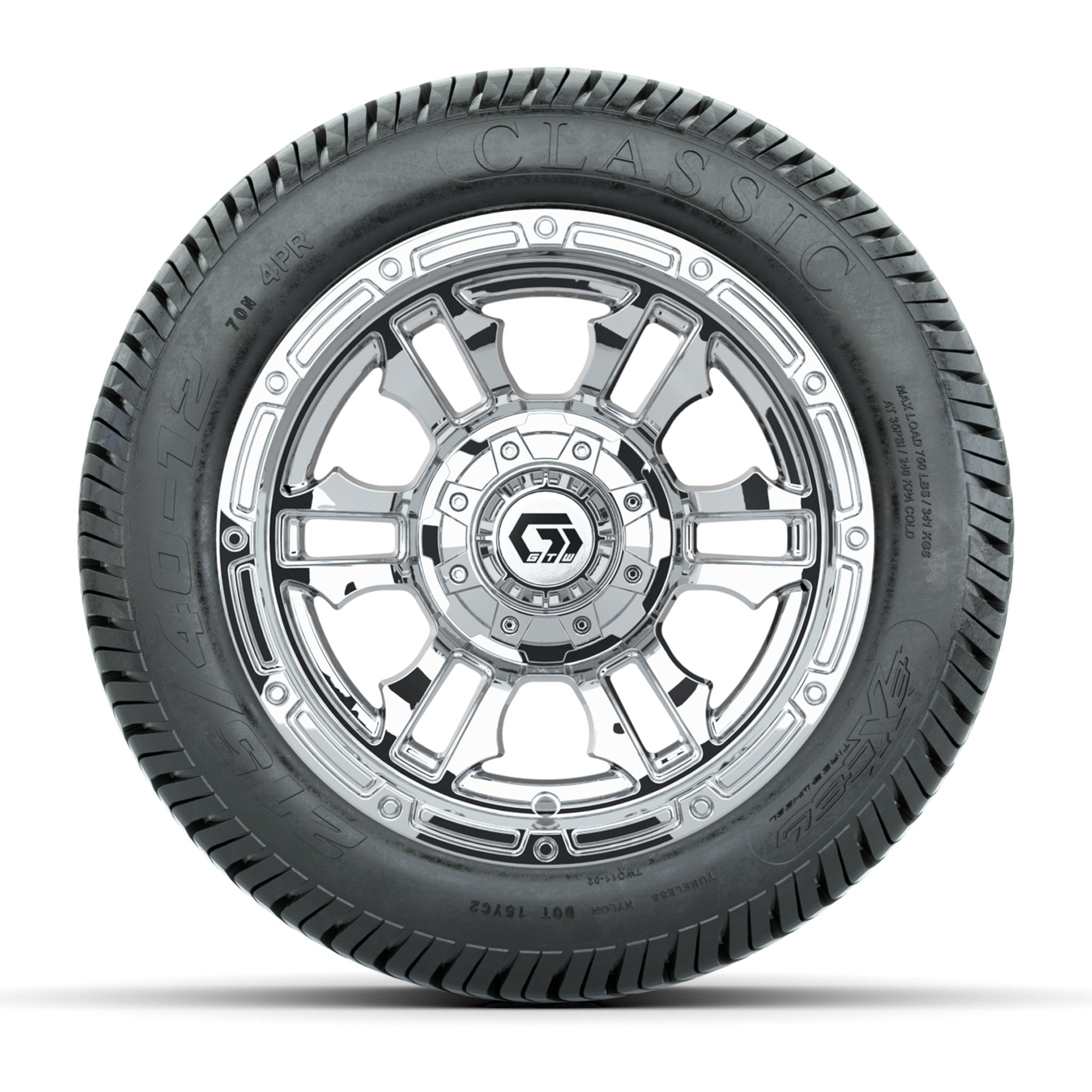 GTW® Shogun Chrome 12 in Wheels with 215/40-12 Excel Classic Street Tires – Full Set