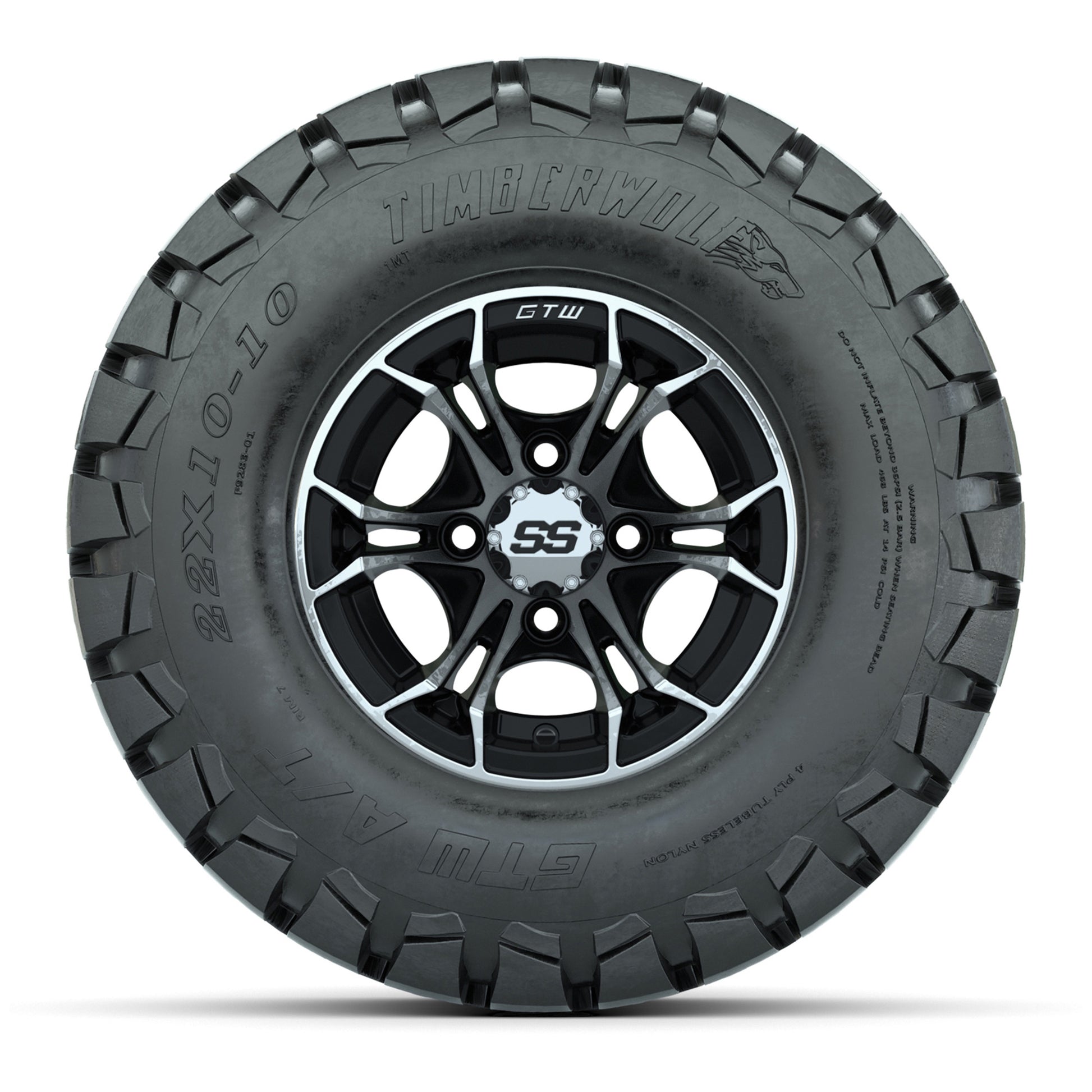 GTW Spyder Machined/Black 10 in Wheels with 22x10-10 Timberwolf All Terrain Tires – Full Set