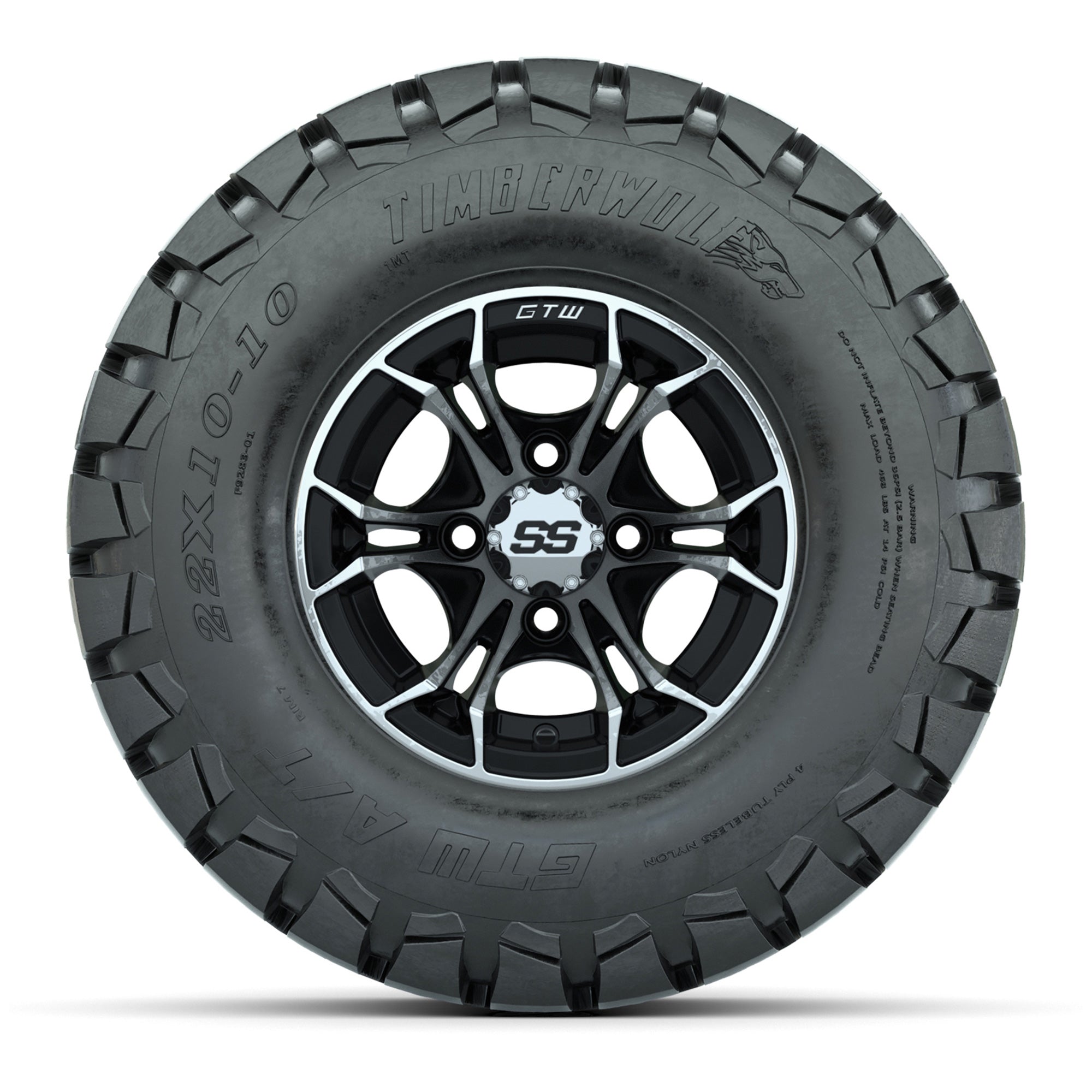 GTW Spyder Machined/Black 10 in Wheels with 22x10-10 Timberwolf All Terrain Tires – Full Set