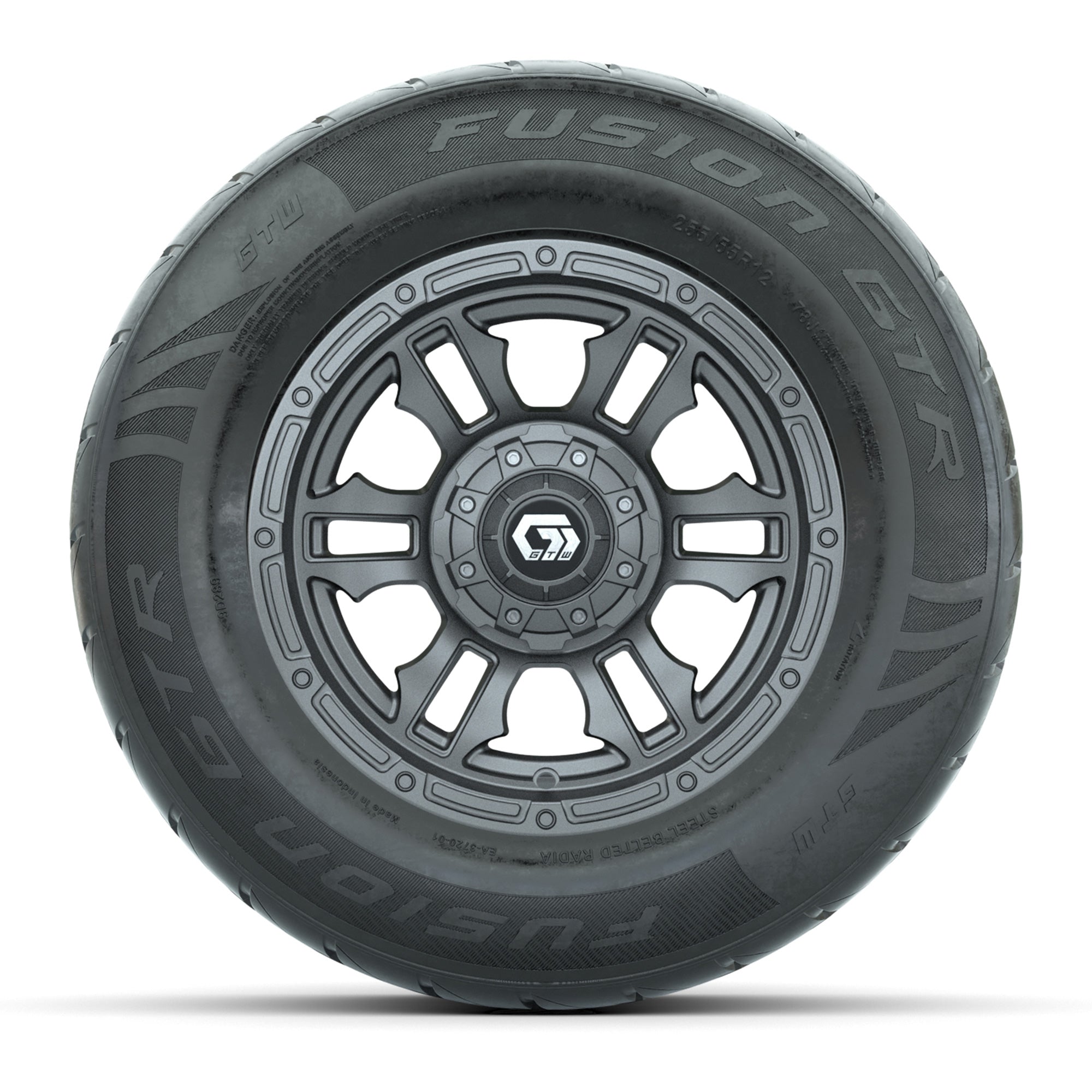 GTW® Shogun Gunmetal 12 in Wheels with 255/55-R12 Fusion GTR Steel Belt Radial Street Tires – Full Set