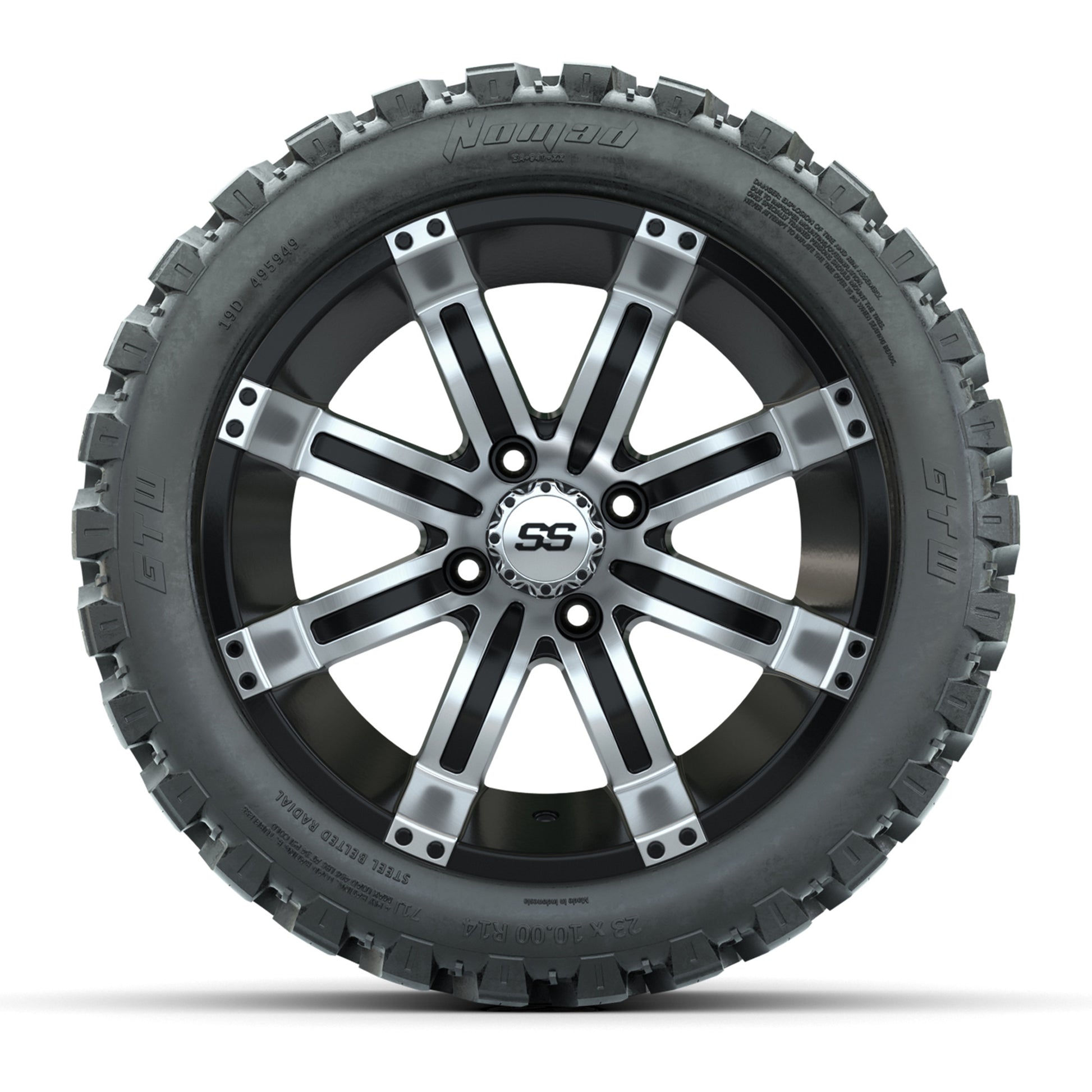 GTW® Tempest Black/Machined 14 in Wheels with 23X10-R14 Noma - front view