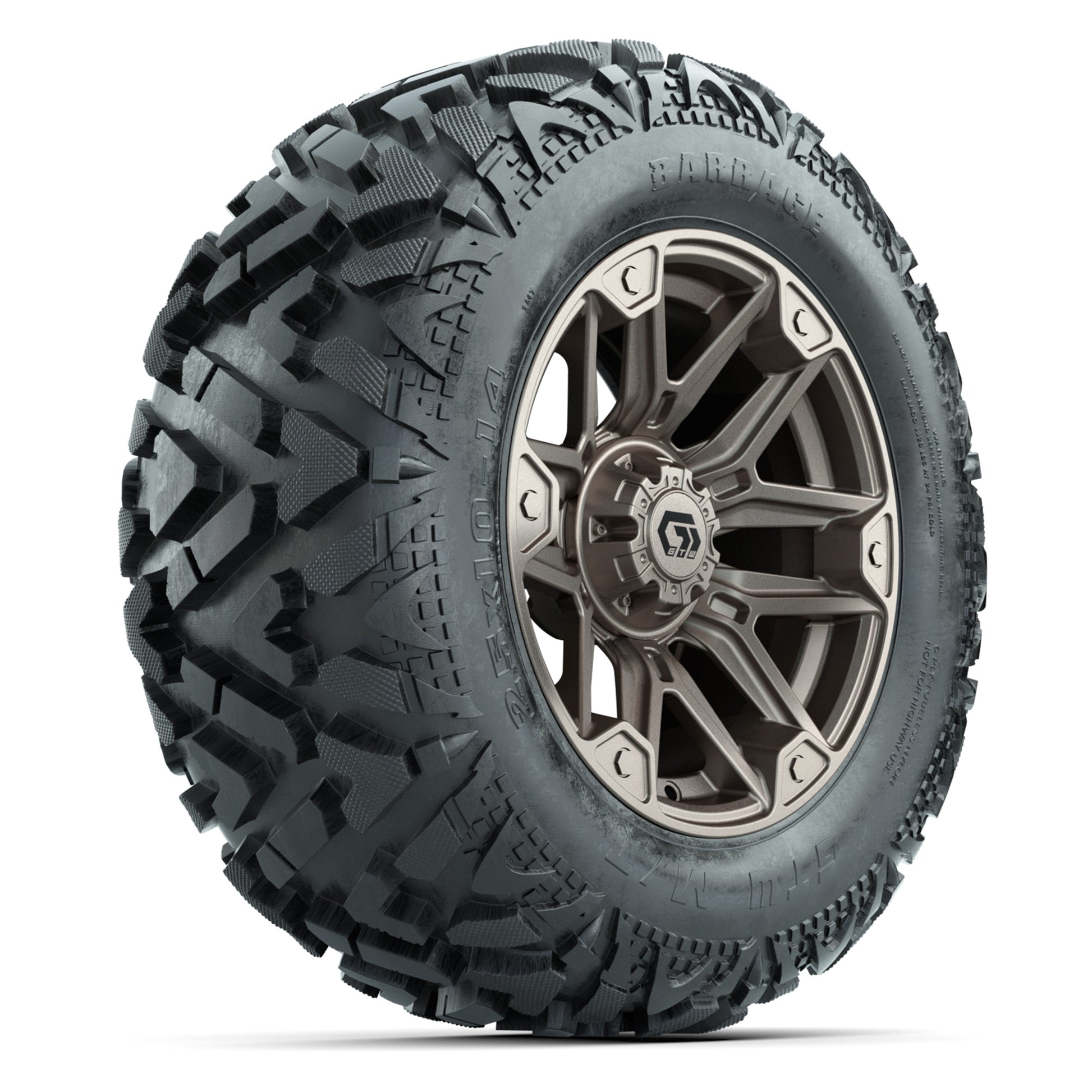 GTW Graffiti Bronze/Black 14 in Wheels with 25x10-14 Barrage Mud Tires – Full Set