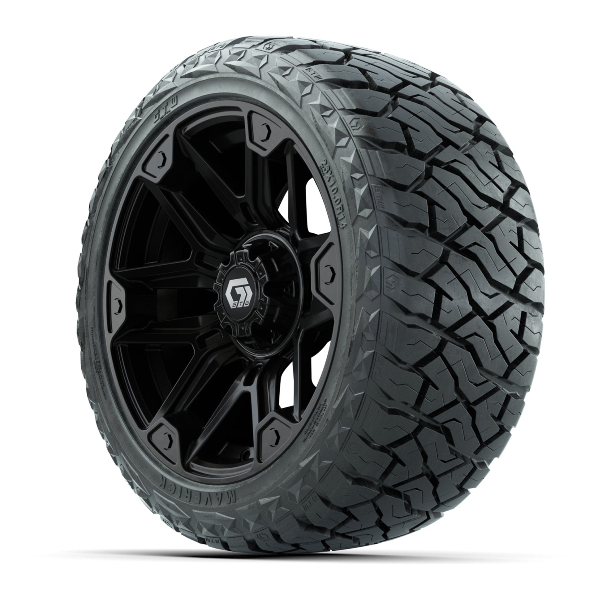 GTW Graffiti Gloss Black 14 in Wheels with 23x10.00-R14 Mave - 3/4 view