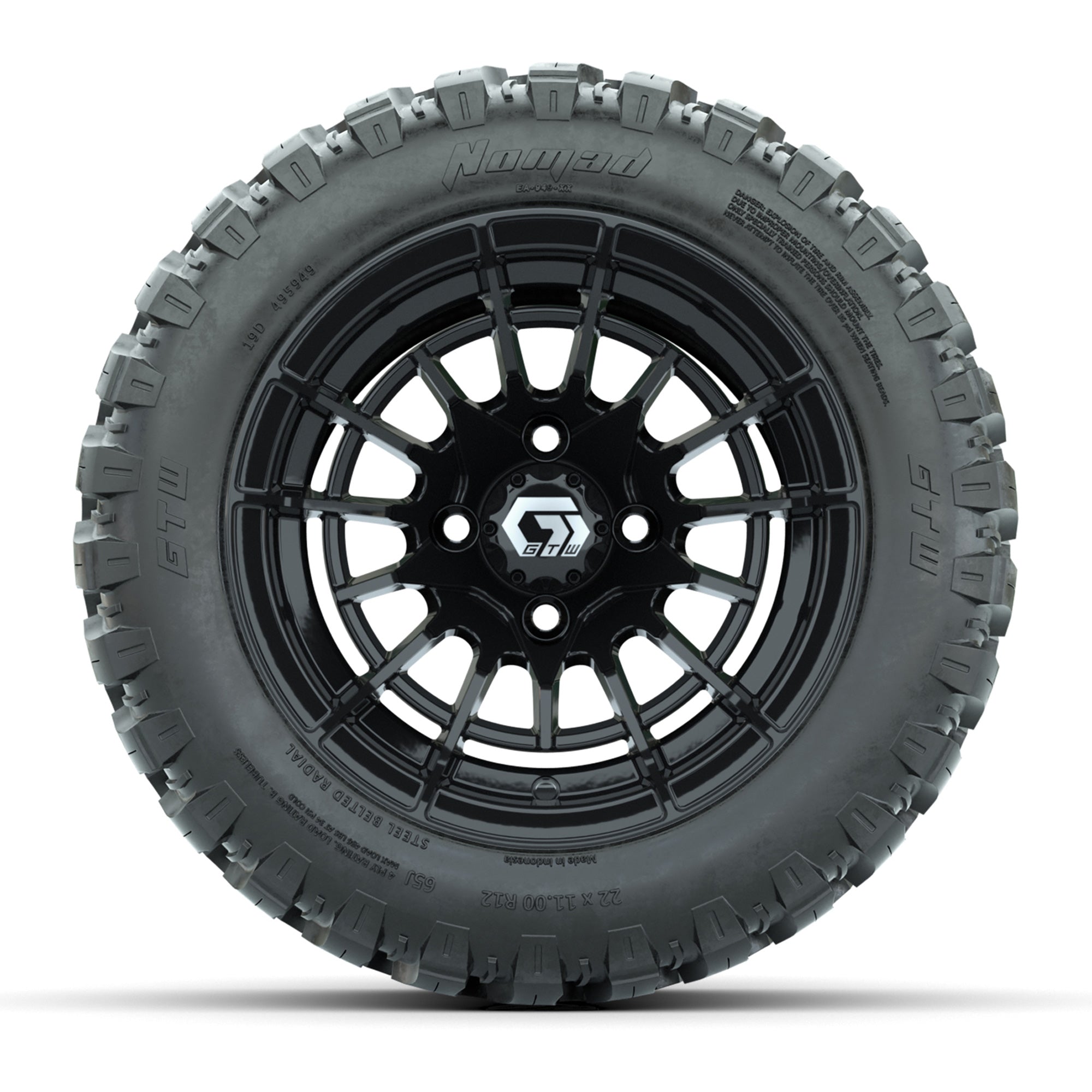 GTW® Boost Gloss Black 12 in Wheels with 22X11-R12 Nomad Steel Belt Radial All-Terrain Tires – Full Set