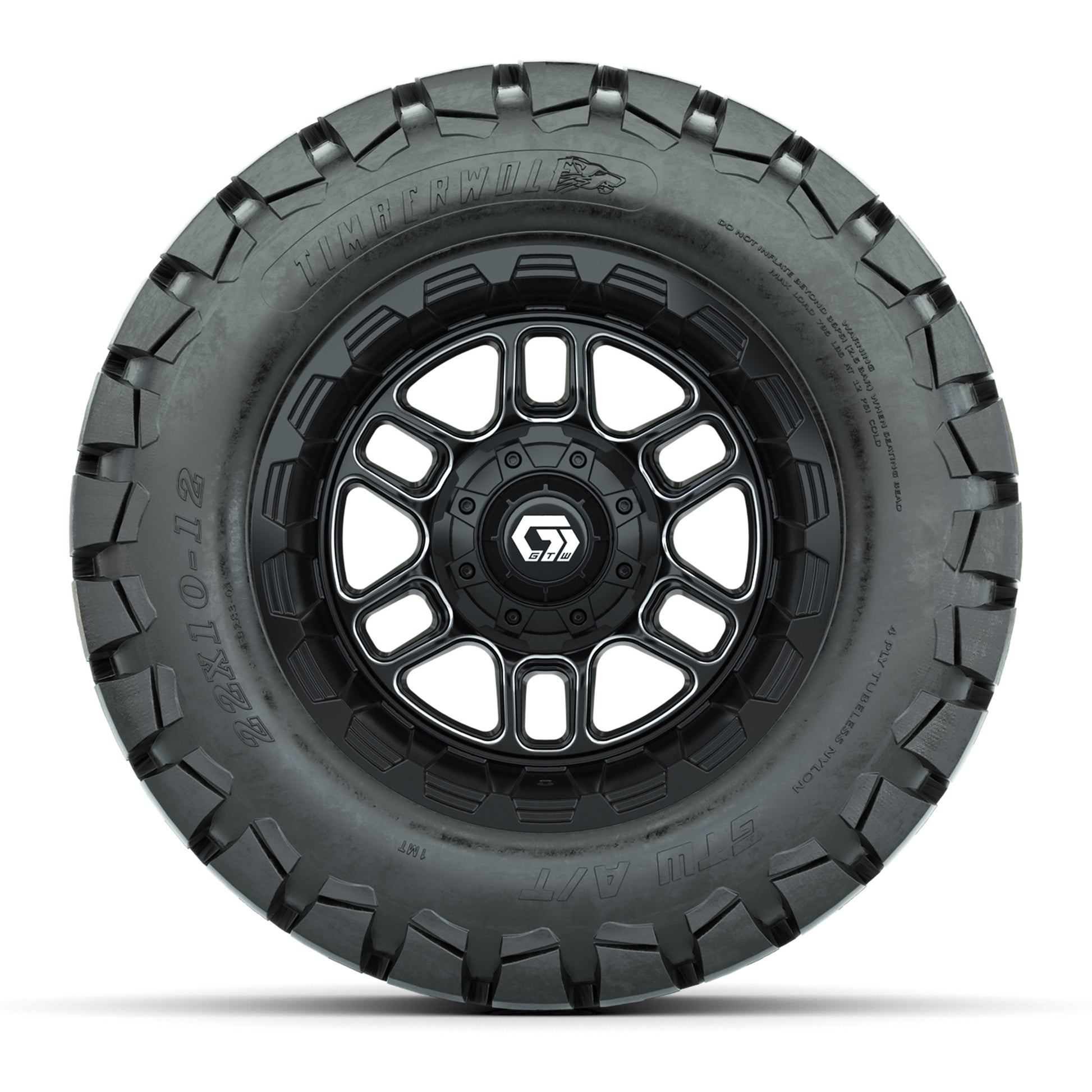 GTW® Titan Black/Machined 12 in Wheels with 22X10-12 Timberwolf All-Terrain Tires – Full Set