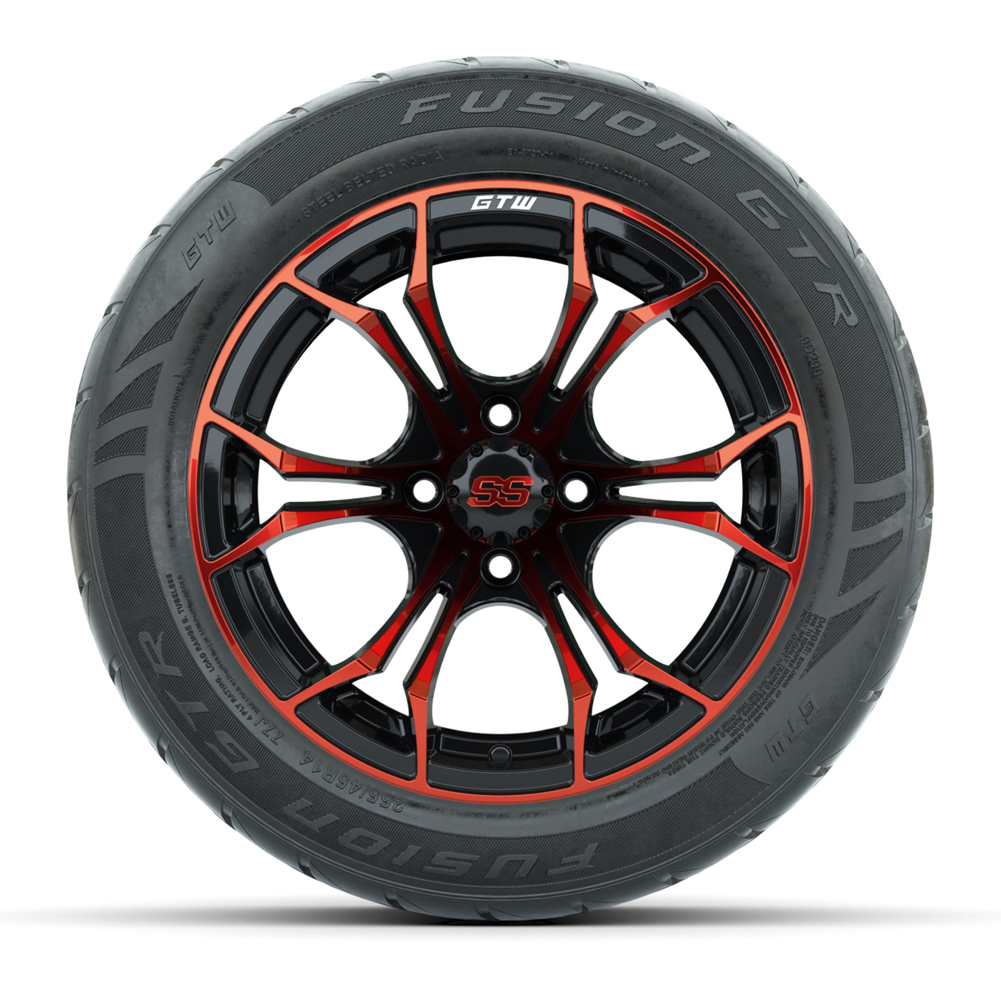GTW® Spyder Black/Red 14 in Wheels with 255/45-R14 Fusion GT - 3/4 view