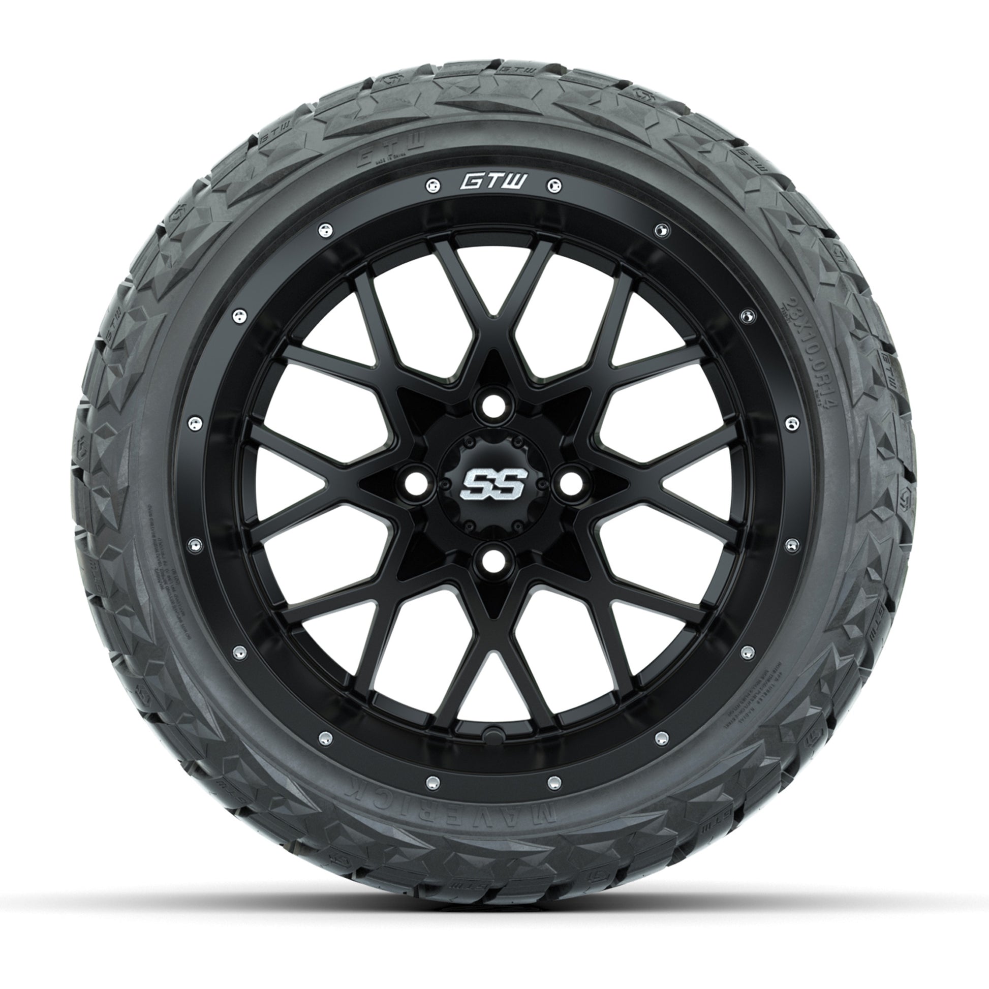 GTW Vortex Matte Black 14 in Wheels with 23x10.00-R14 Maveri - front view