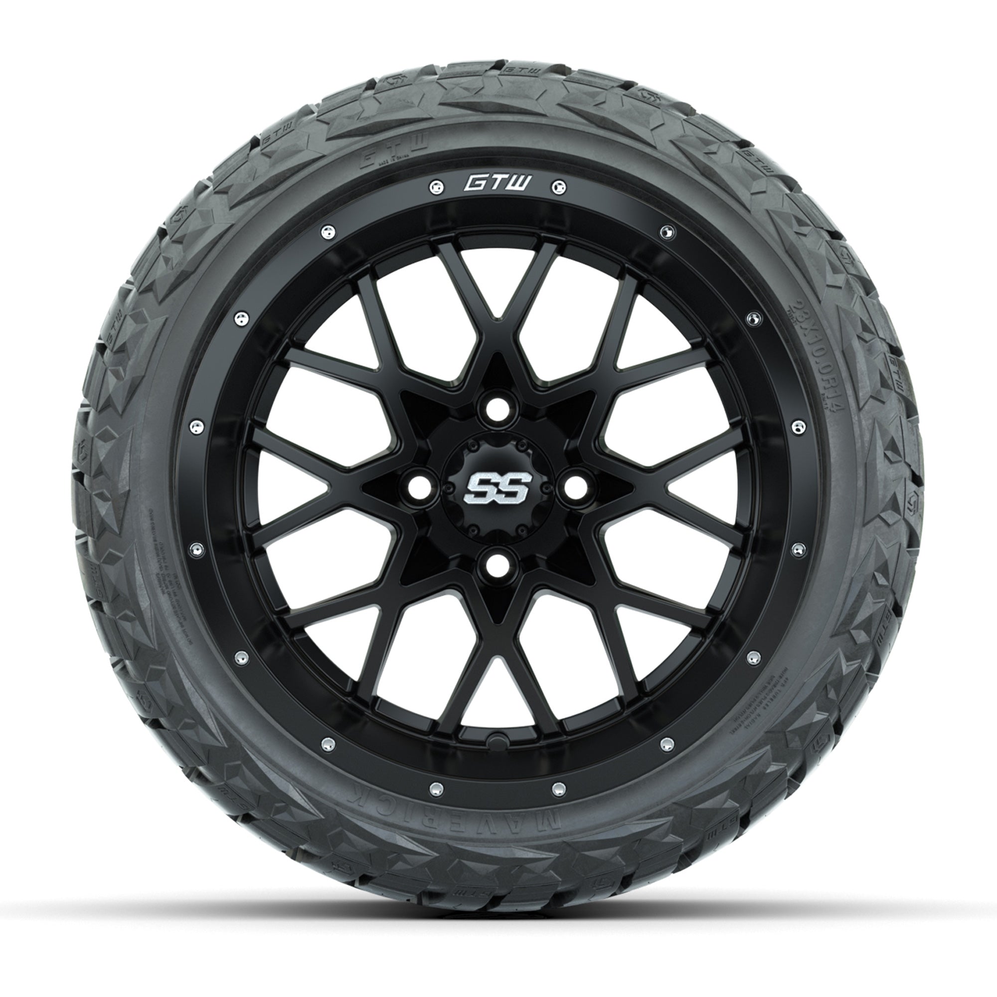 GTW Vortex Matte Black 14 in Wheels with 23x10.00-R14 Maveri - 3/4 view