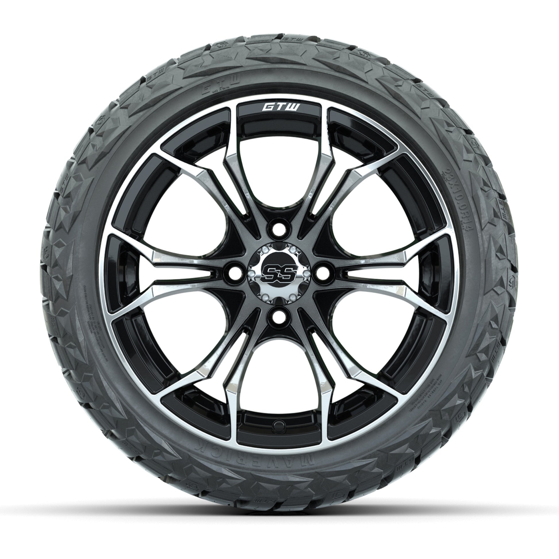 GTW Spyder Black/Machined 14 in Wheels with 23x10.00-R14 Mav - front view