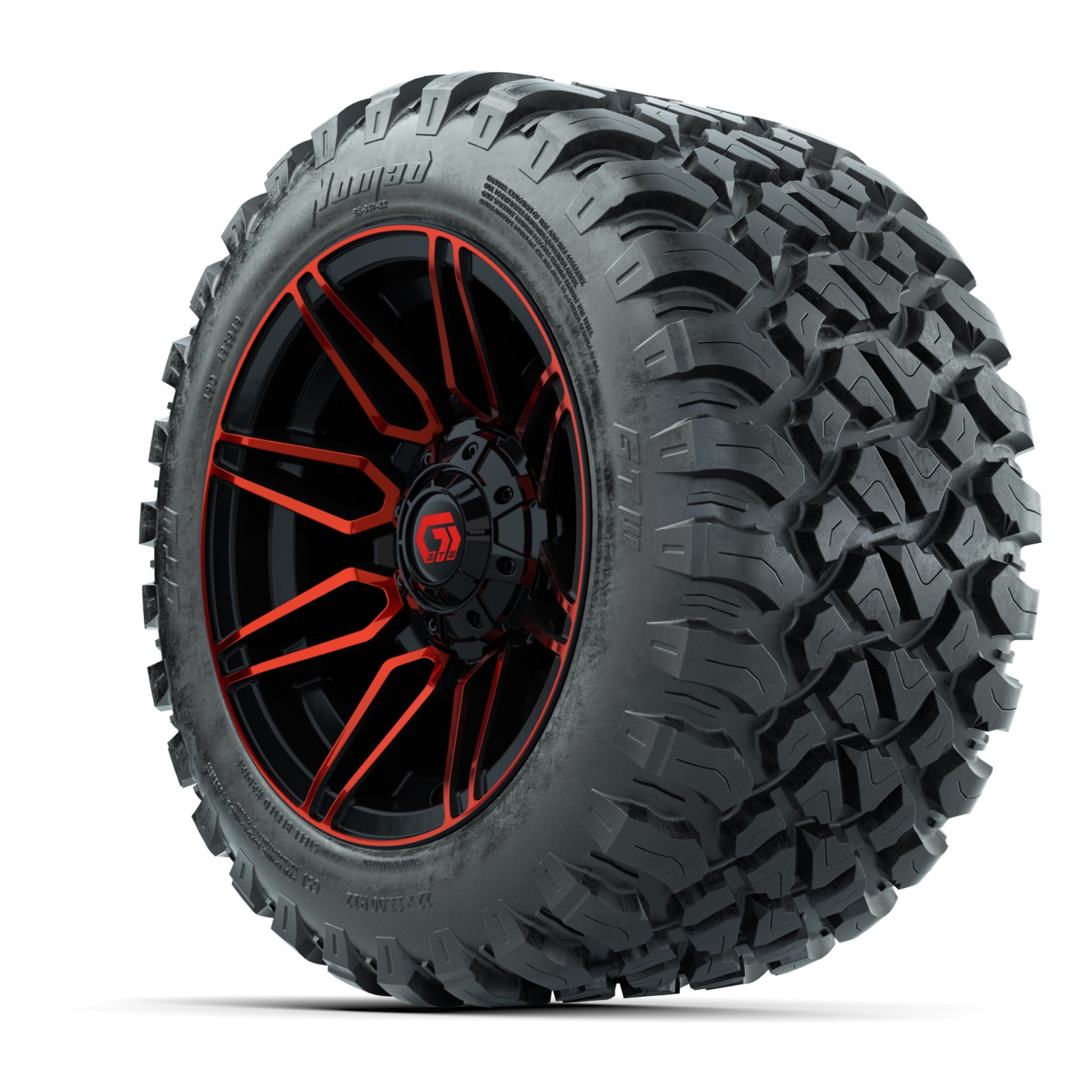 GTW® Stealth Red/Machined 12 in Wheels with 22X11-R12 Nomad Steel Belt Radial All-Terrain Tires – Full Set
