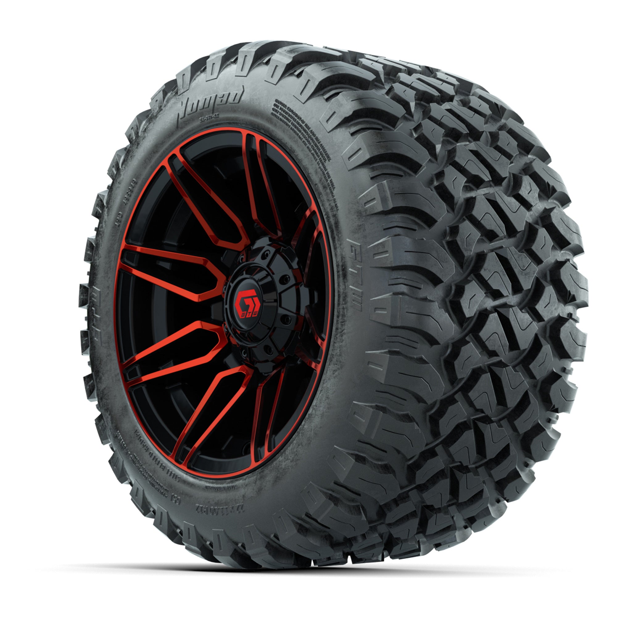 GTW® Stealth Red/Machined 12 in Wheels with 22X11-R12 Nomad Steel Belt Radial All-Terrain Tires – Full Set