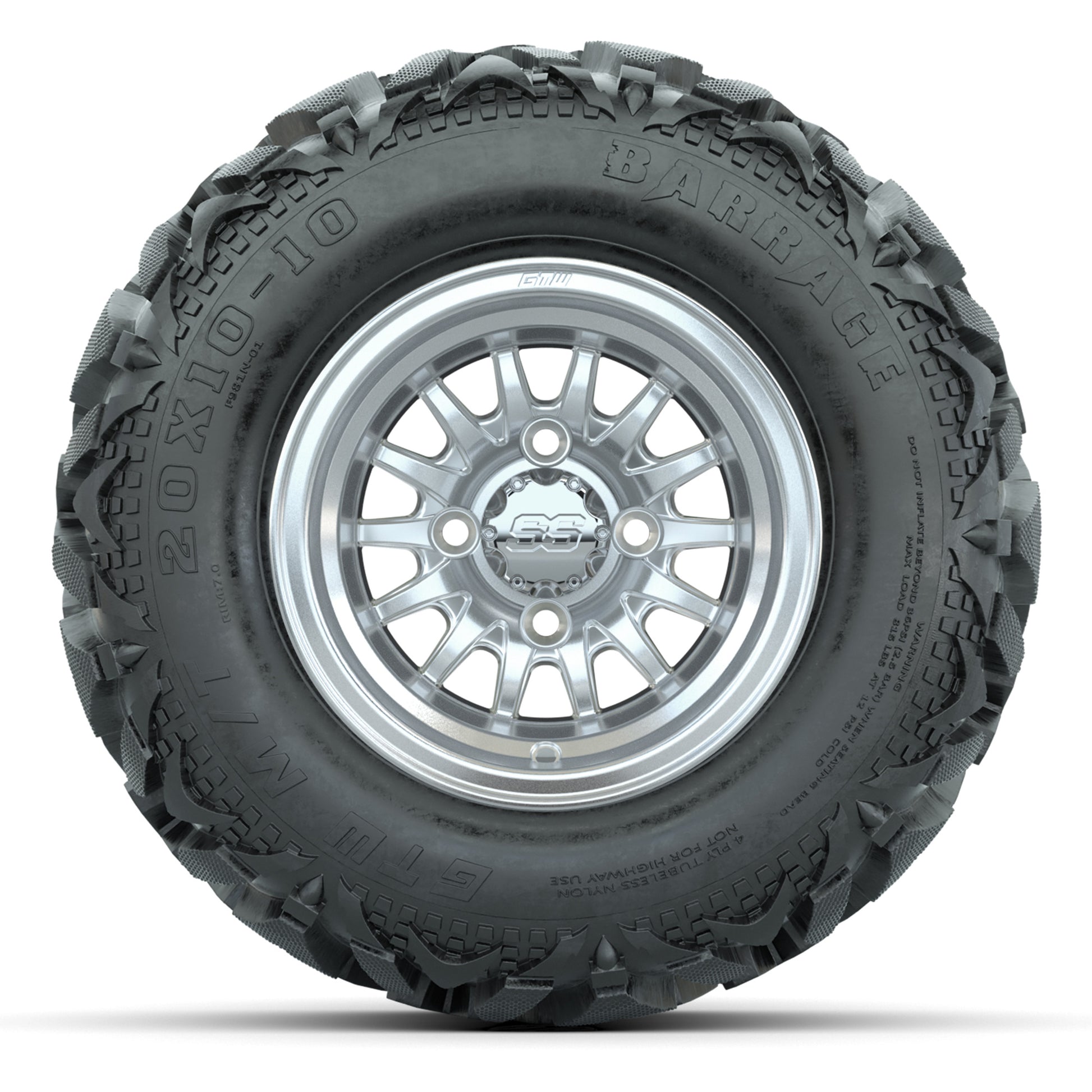 GTW Medusa Silver/Machined 10 in Wheels with 20x10-10 Barrage Mud Tires – Full Set