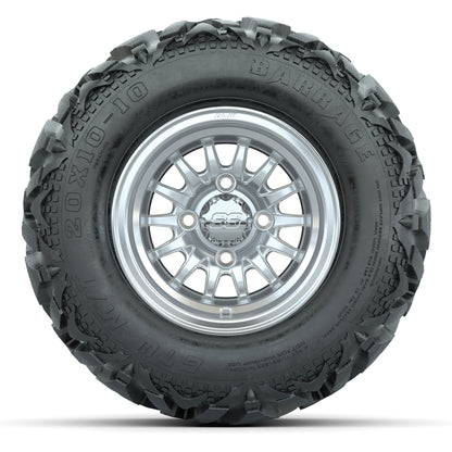 GTW Medusa Silver/Machined 10 in Wheels with 20x10-10 Barrage Mud Tires – Full Set
