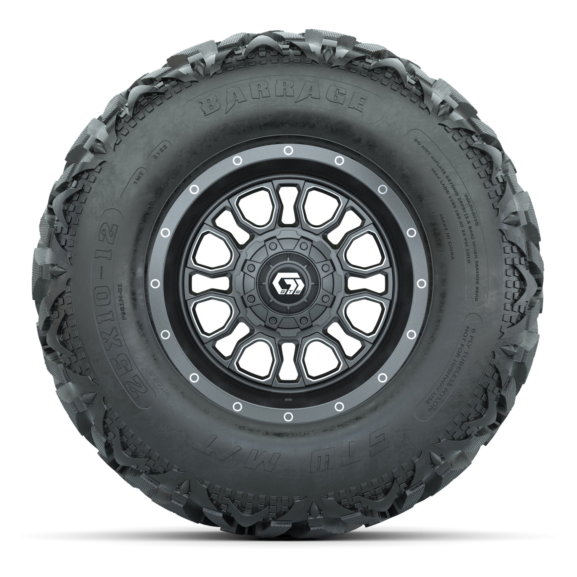 GTW® Volt Gunmetal 12 in Wheels with 25X10-12 Barrage Mud Tires – Full Set