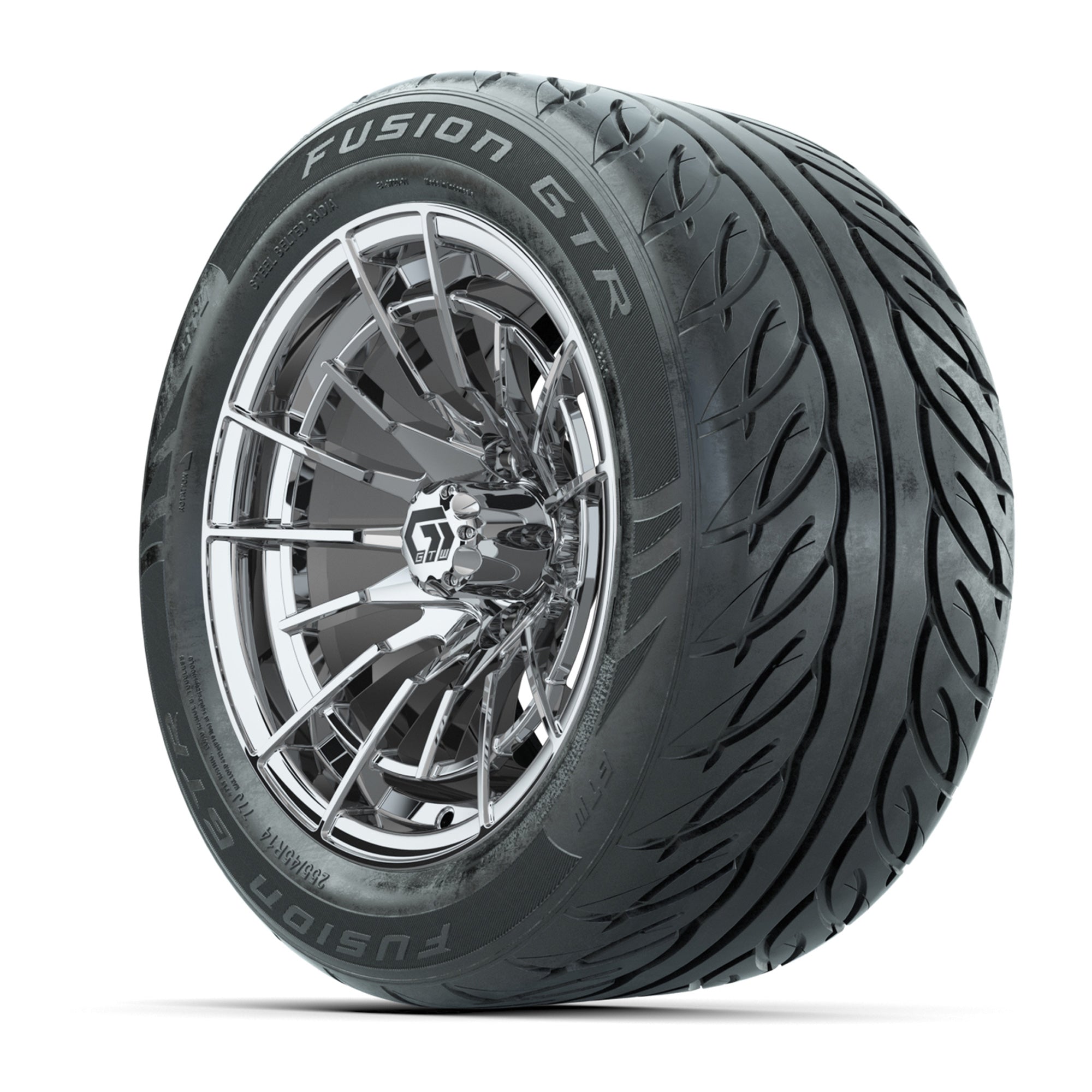 GTW® Boost Chrome 14 in Wheels with 255/45-R14 Fusion GTR St - 3/4 view