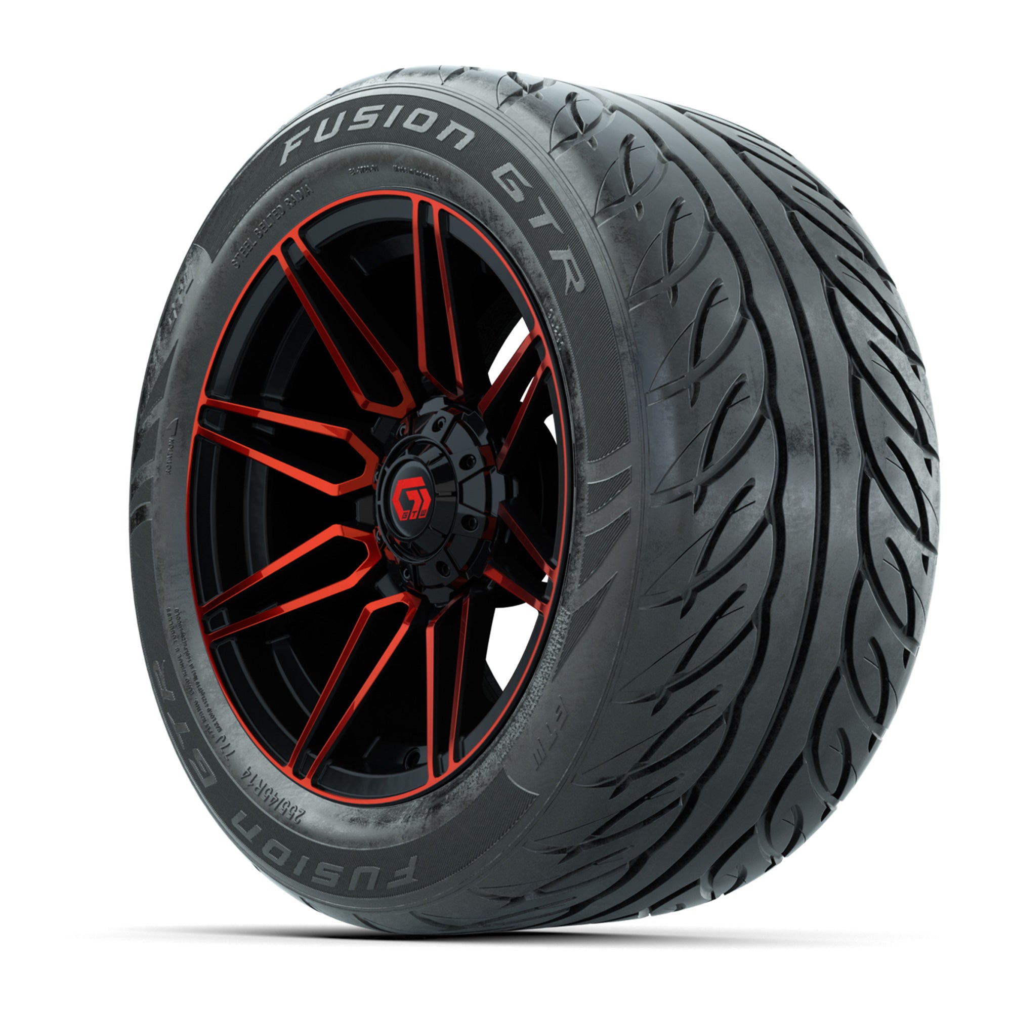 GTW® Stealth Red/Machined 14 in Wheels with 255/45-R14 Fusio - 3/4 view