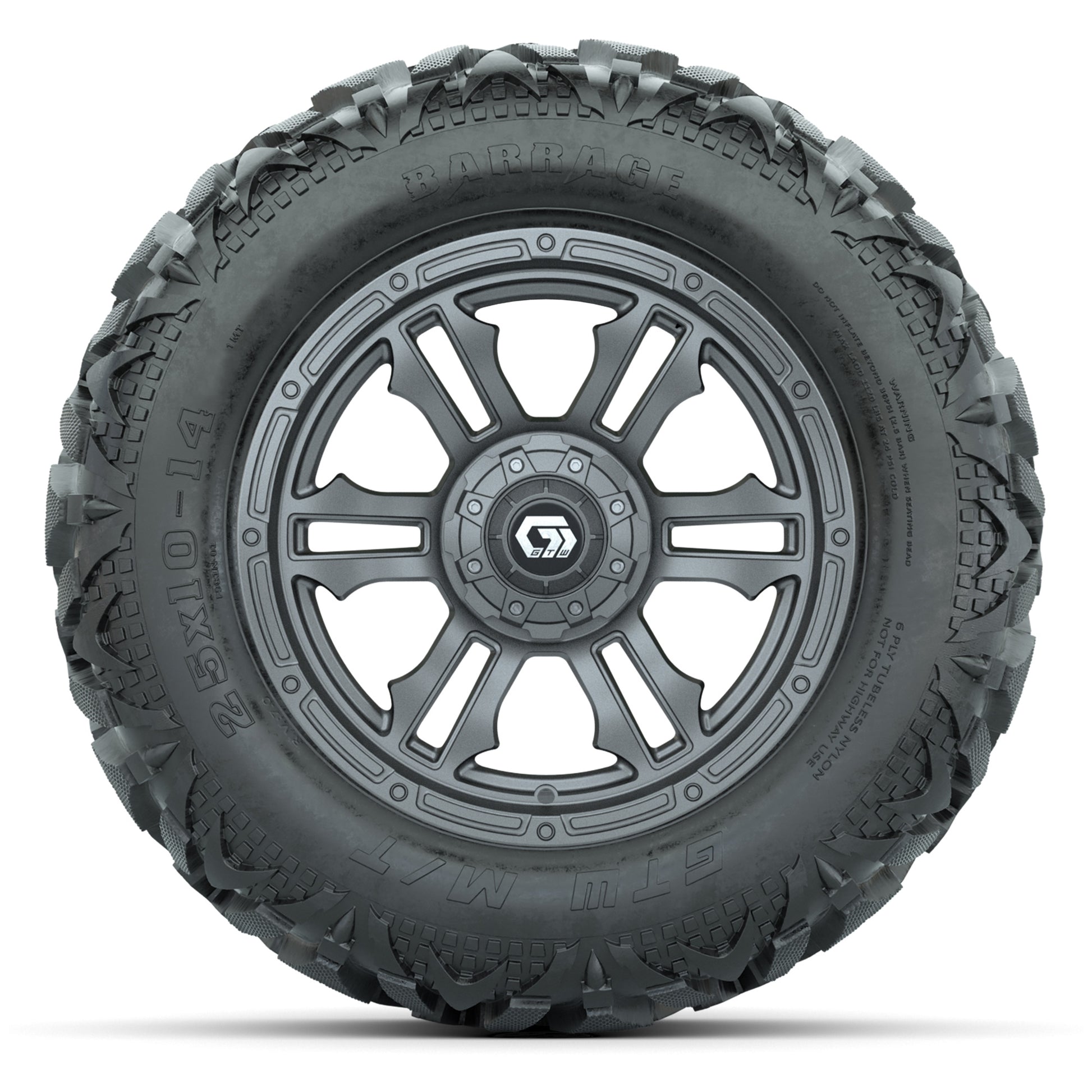GTW Shogun Gunmetal 14 in Wheels with 25x10-14 Barrage Mud T - front view