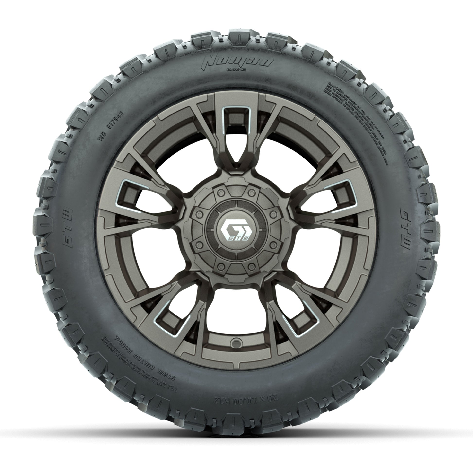 GTW® Vandal Bronze/Machined 12 in Wheels with 20X10-12 Nomad Steel Belt Radial All-Terrain Tires – Full Set