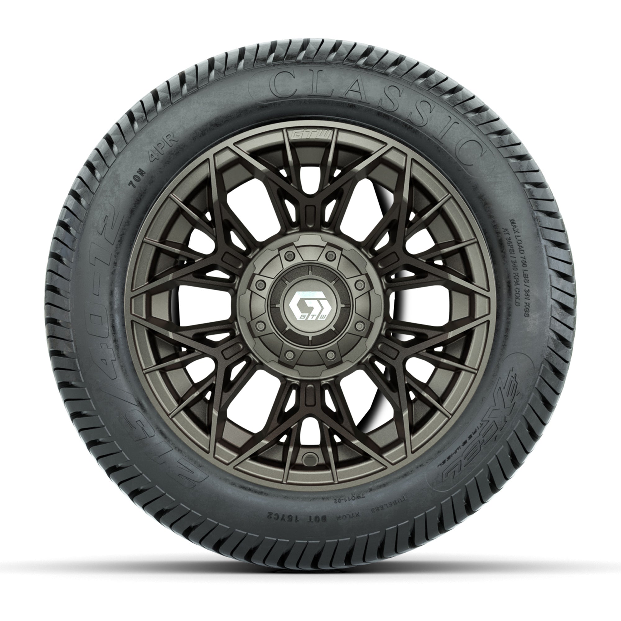 GTW® Stellar Matte Bronze 12 in Wheels with 215/40-12 Excel Classic Street Tires – Full Set