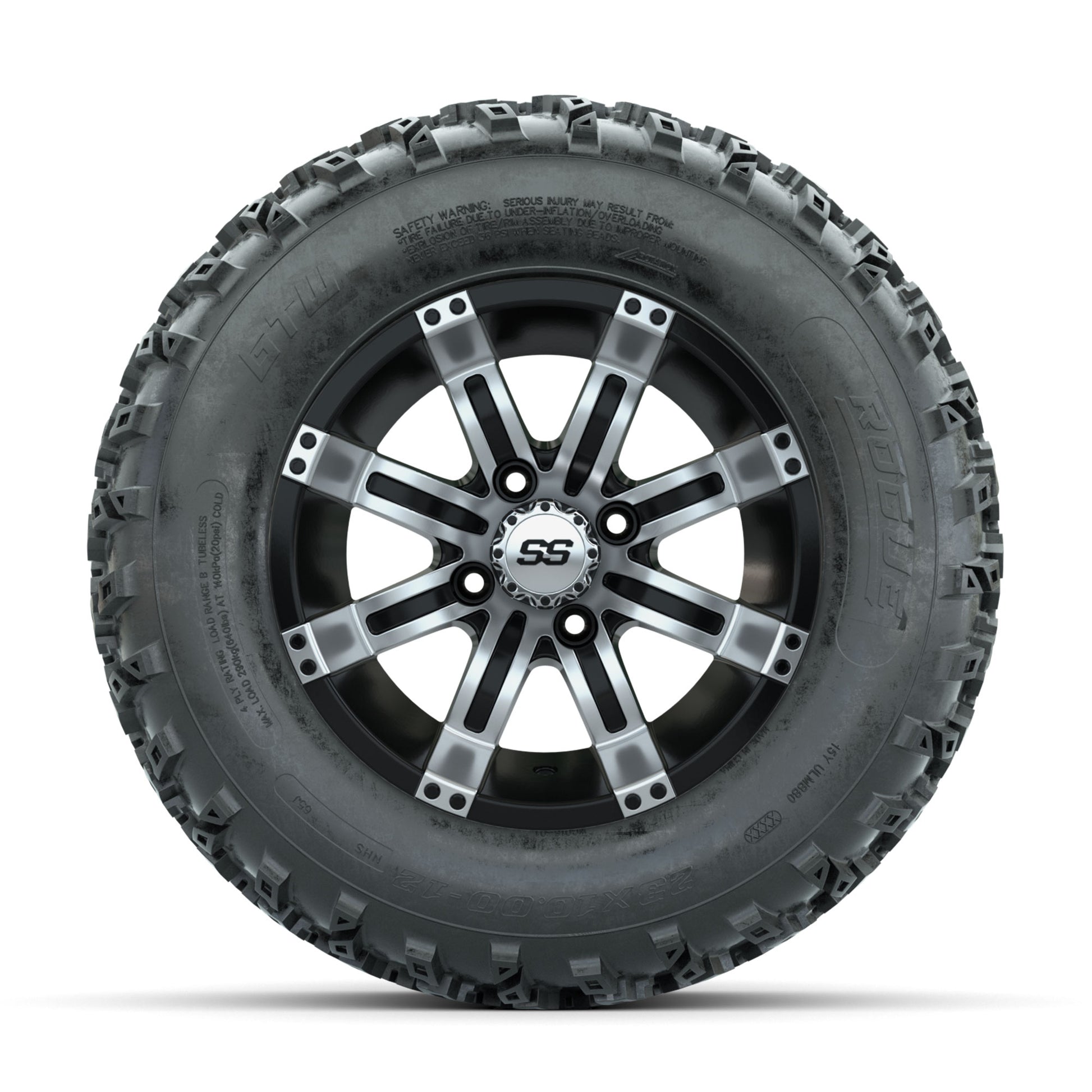 GTW Tempest Machined/Black 12 in Wheels with 23x10.00-12 Rogue All Terrain Tires – Full Set