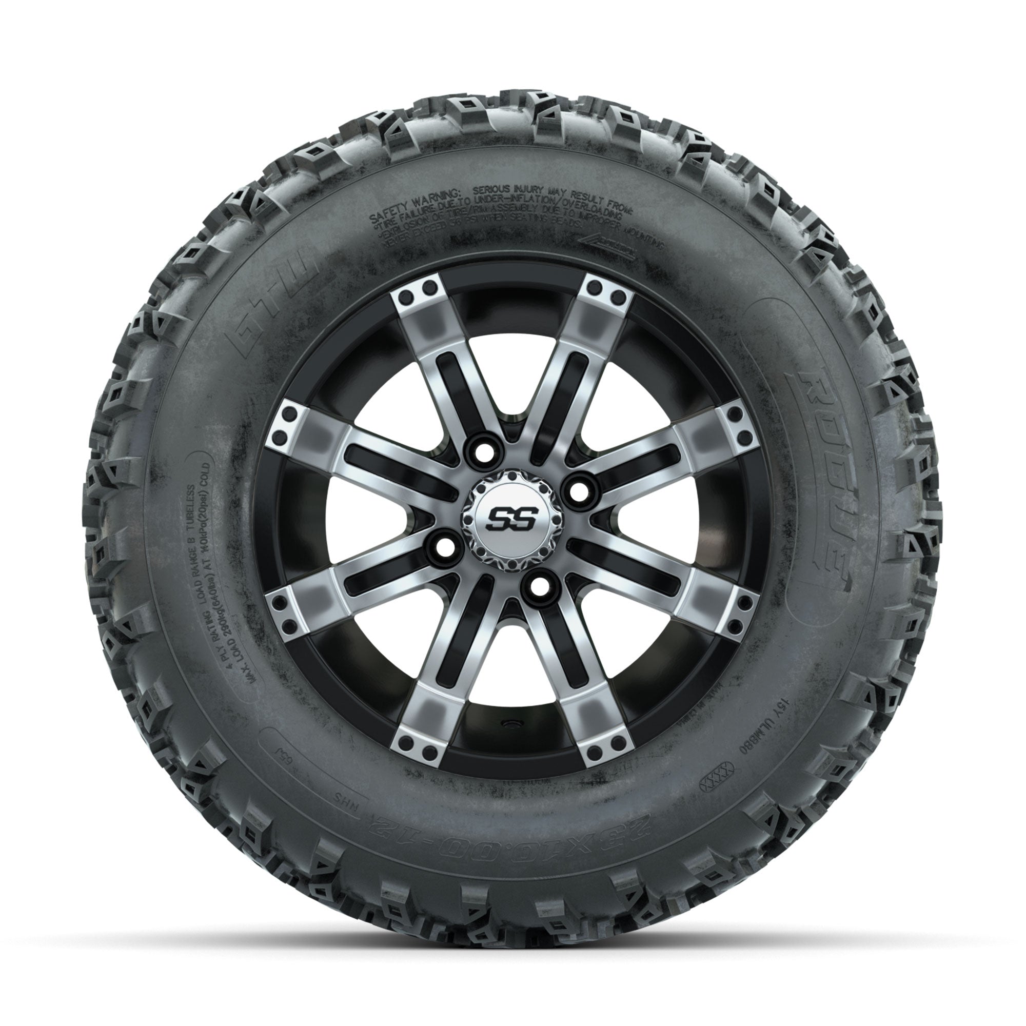 GTW Tempest Machined/Black 12 in Wheels with 23x10.00-12 Rogue All Terrain Tires – Full Set