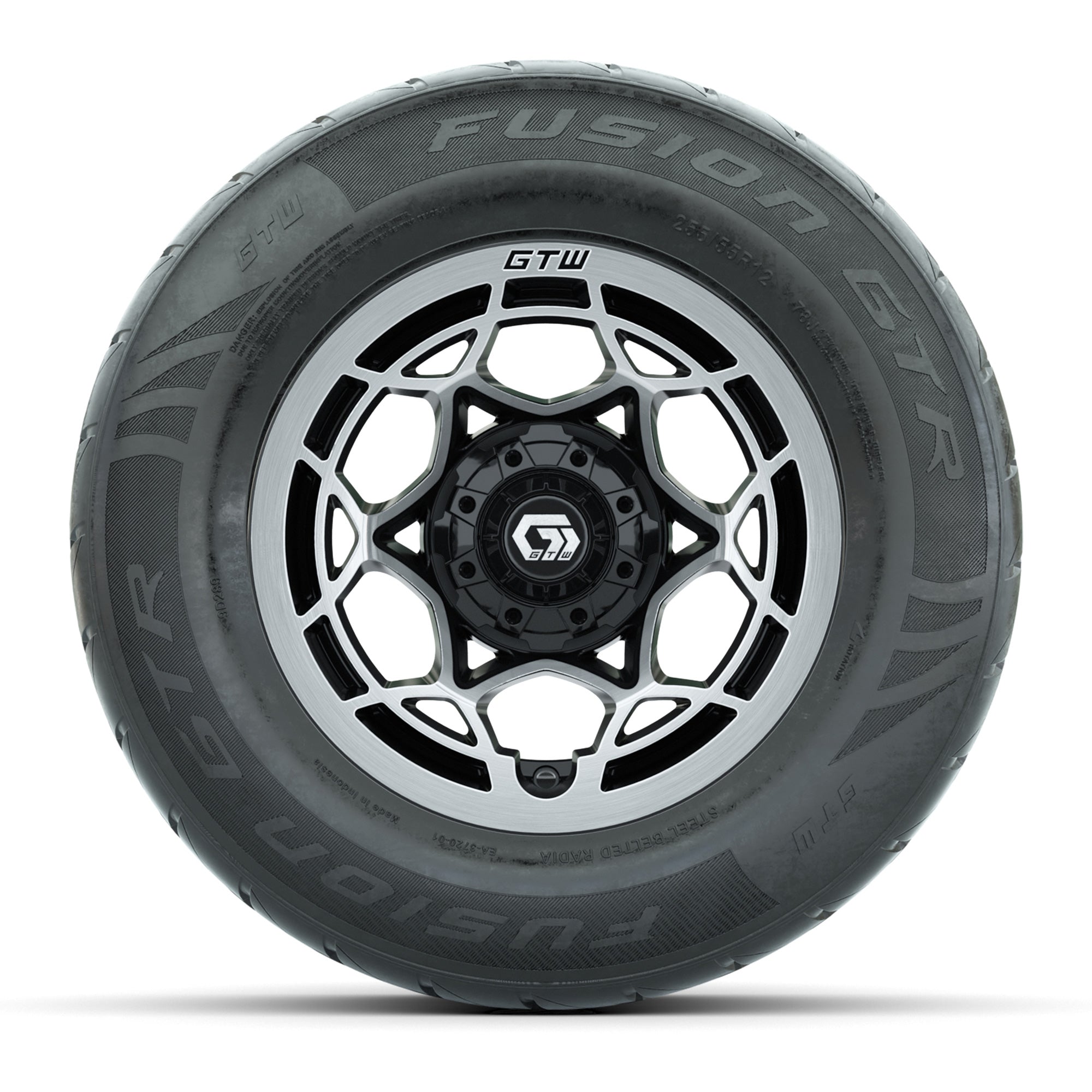 GTW® Nexus Black with Silver Face 12 in Wheels with 255/55-R12 Fusion GTR Steel Belt Radial Street Tires – Full Set