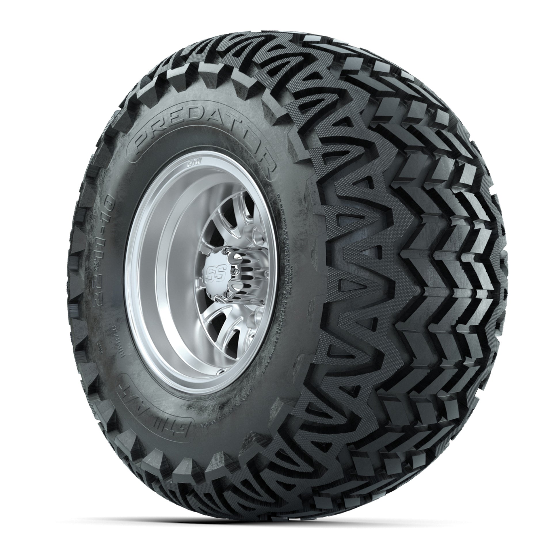 GTW Medusa Silver and Machined Wheels with 22in Predator A-T Tires - 10 Inch