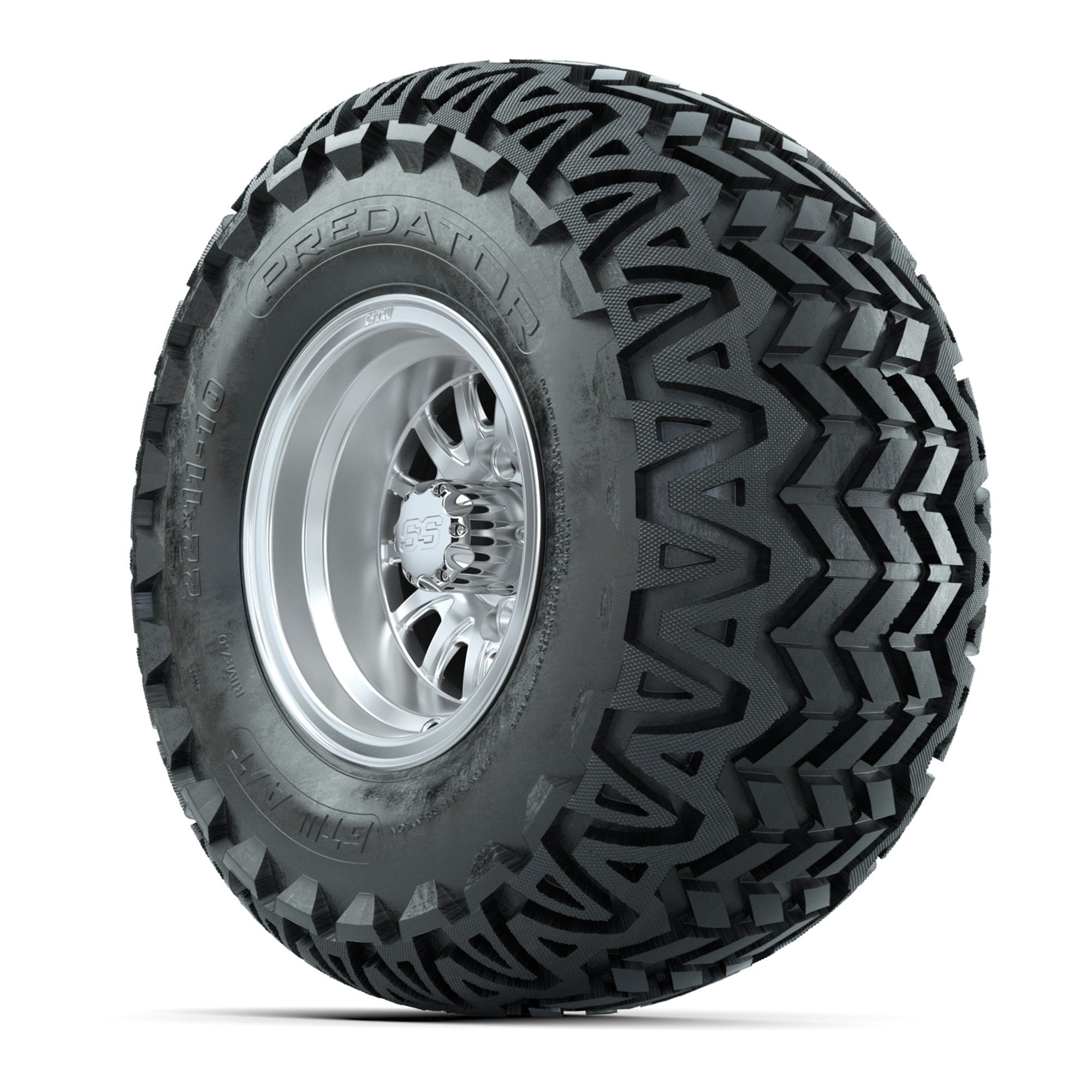 GTW Medusa Silver and Machined Wheels with 22in Predator A-T Tires - 10 Inch