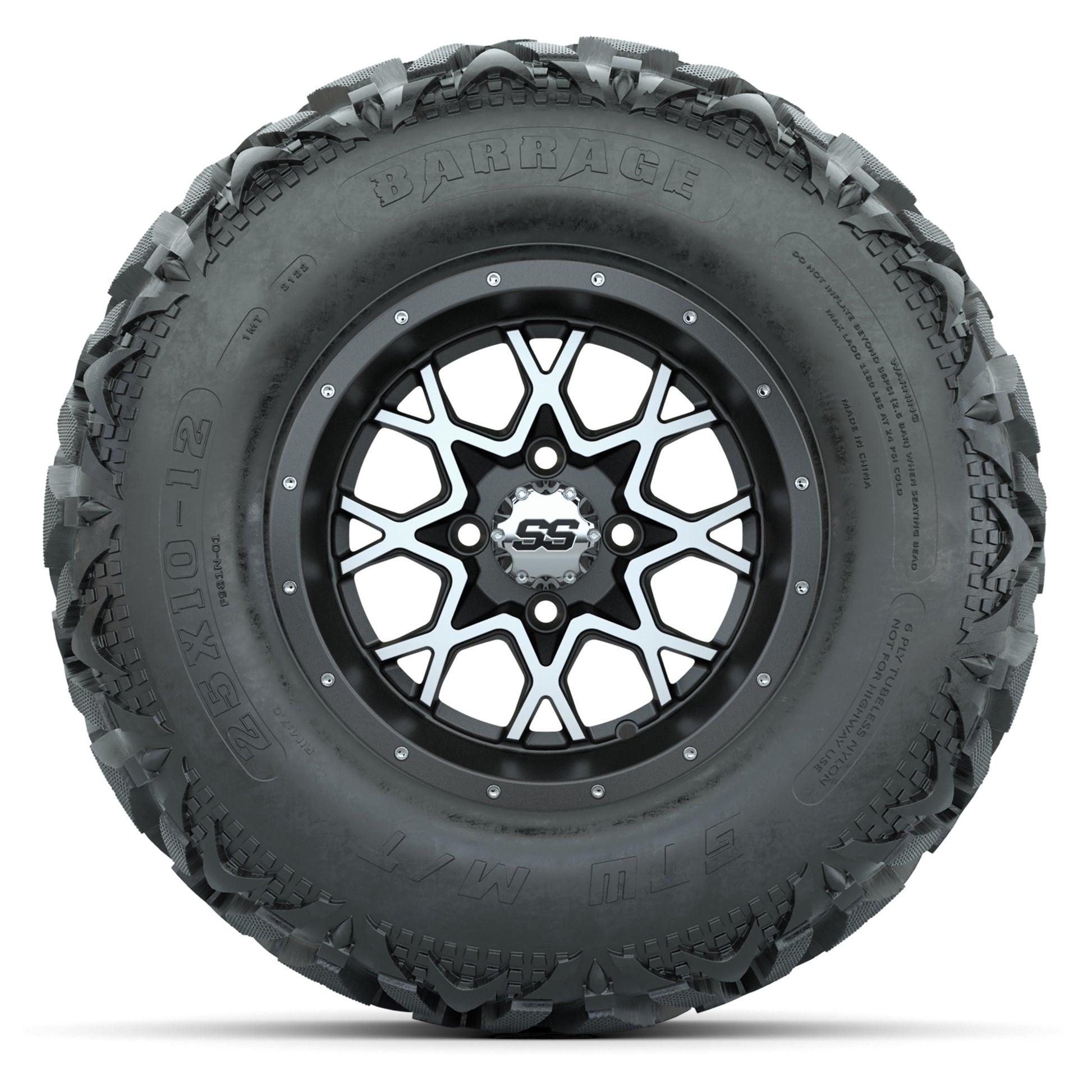 GTW® Vortex 2 Matte Gray/Machined 12 in Wheels with 25X10-12 Barrage Mud Tires – Full Set