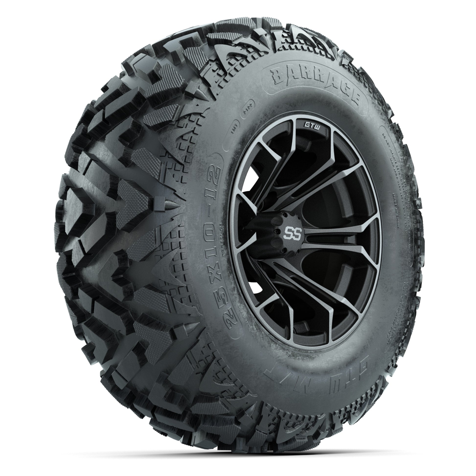 GTW® Spyder Matte Gray/Machined 12 in Wheels with 25X10-12 Barrage Mud Tires – Full Set