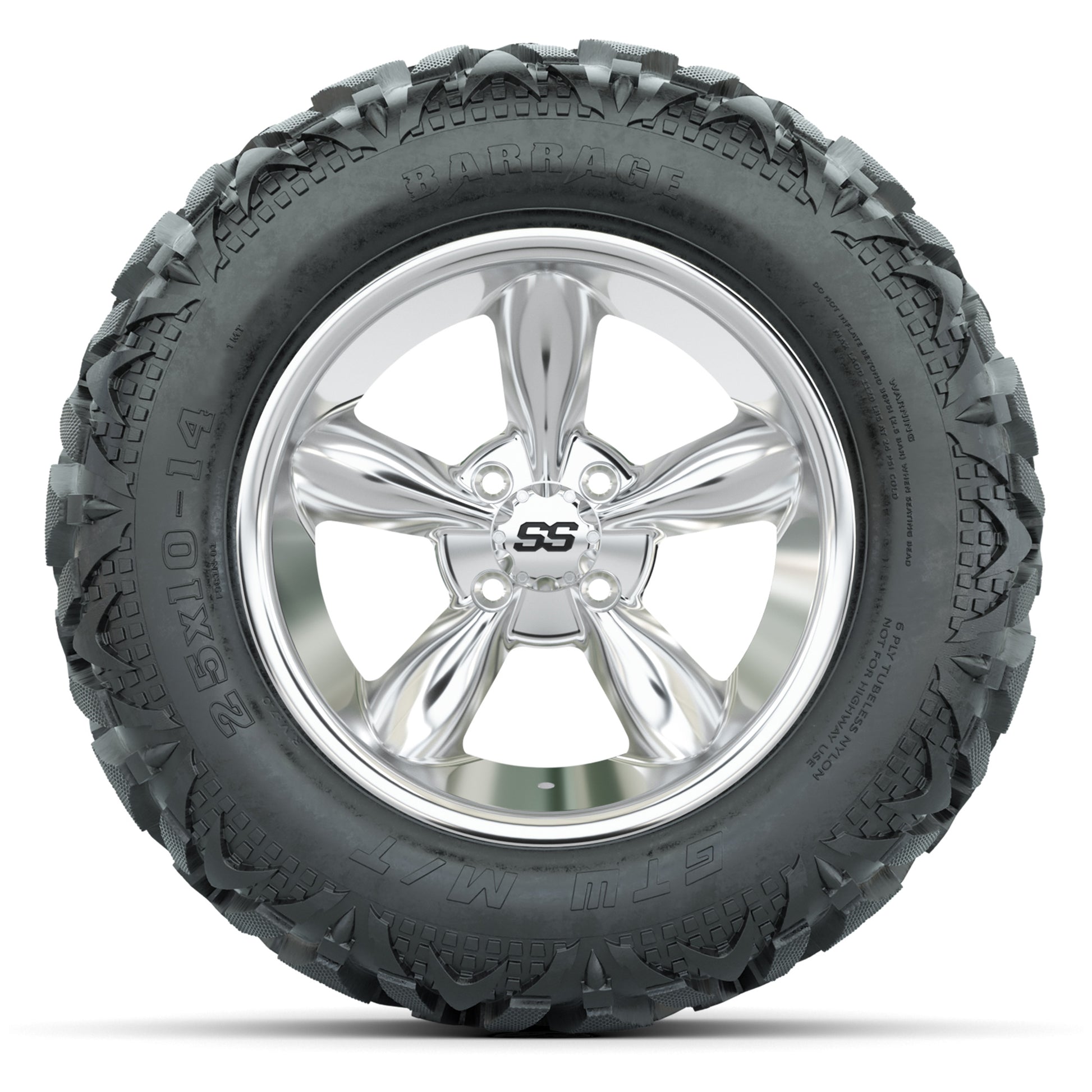 GTW Godfather Chrome 14 in Wheels with 25x10-14 Barrage Mud  - front view