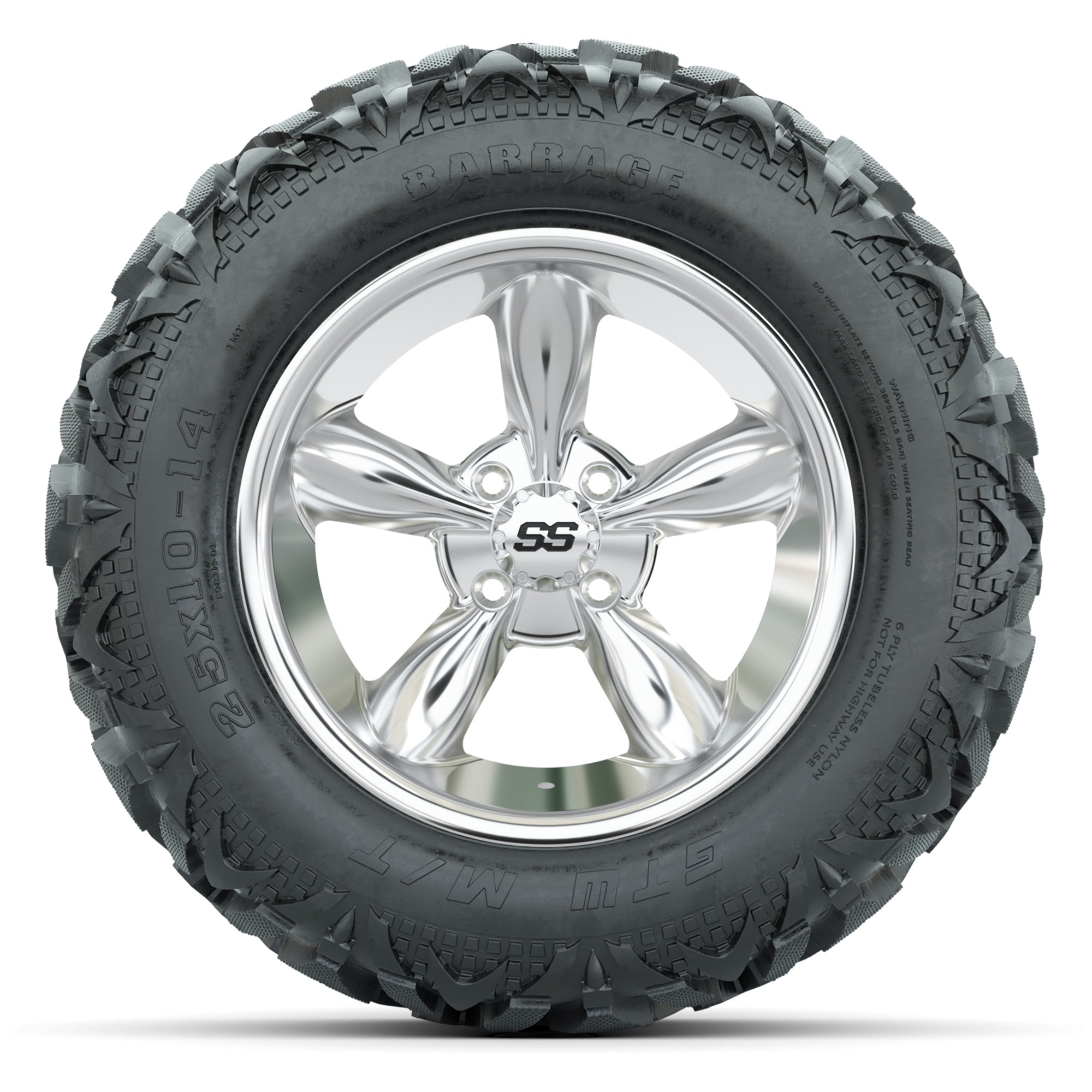 GTW Godfather Chrome 14 in Wheels with 25x10-14 Barrage Mud  - 3/4 view