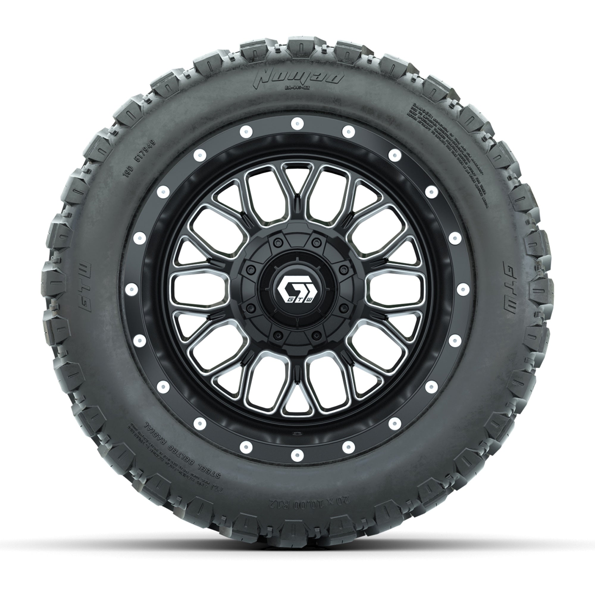GTW® Helix Black/Machined 12 in Wheels with 20X10-12 Nomad Steel Belt Radial All-Terrain Tires – Full Set